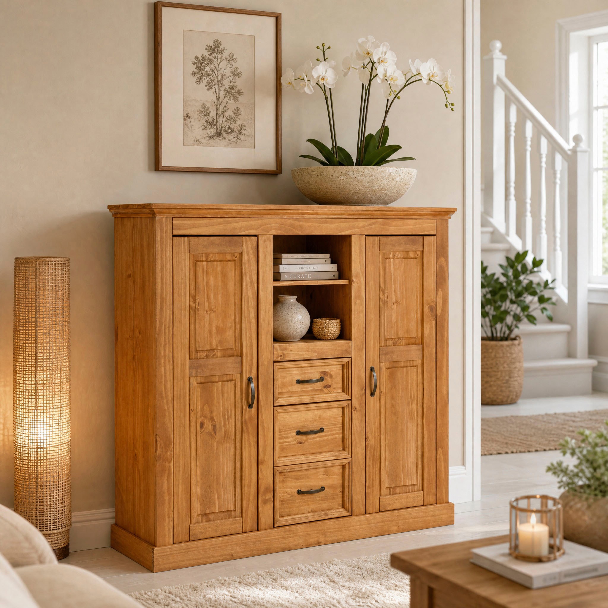OTTO home Highboard »Selma Kommode mit 2 Türen, 3 Schubläden und 8 Fächer, Metallgriffe« massives Kiefernholz, natürliche Maserung & Metallgriffe, 130cm breit