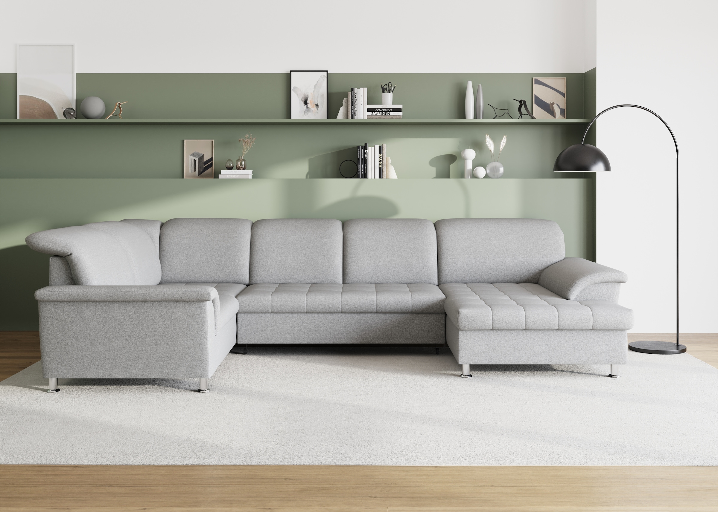 DOMO collection Wohnlandschaft "FRANZI optional mit Bettfunktion, Bettkasten & Kopfteilverstellung" U-Form, Recamiere rechts, silber, B/T: 352/214 cm