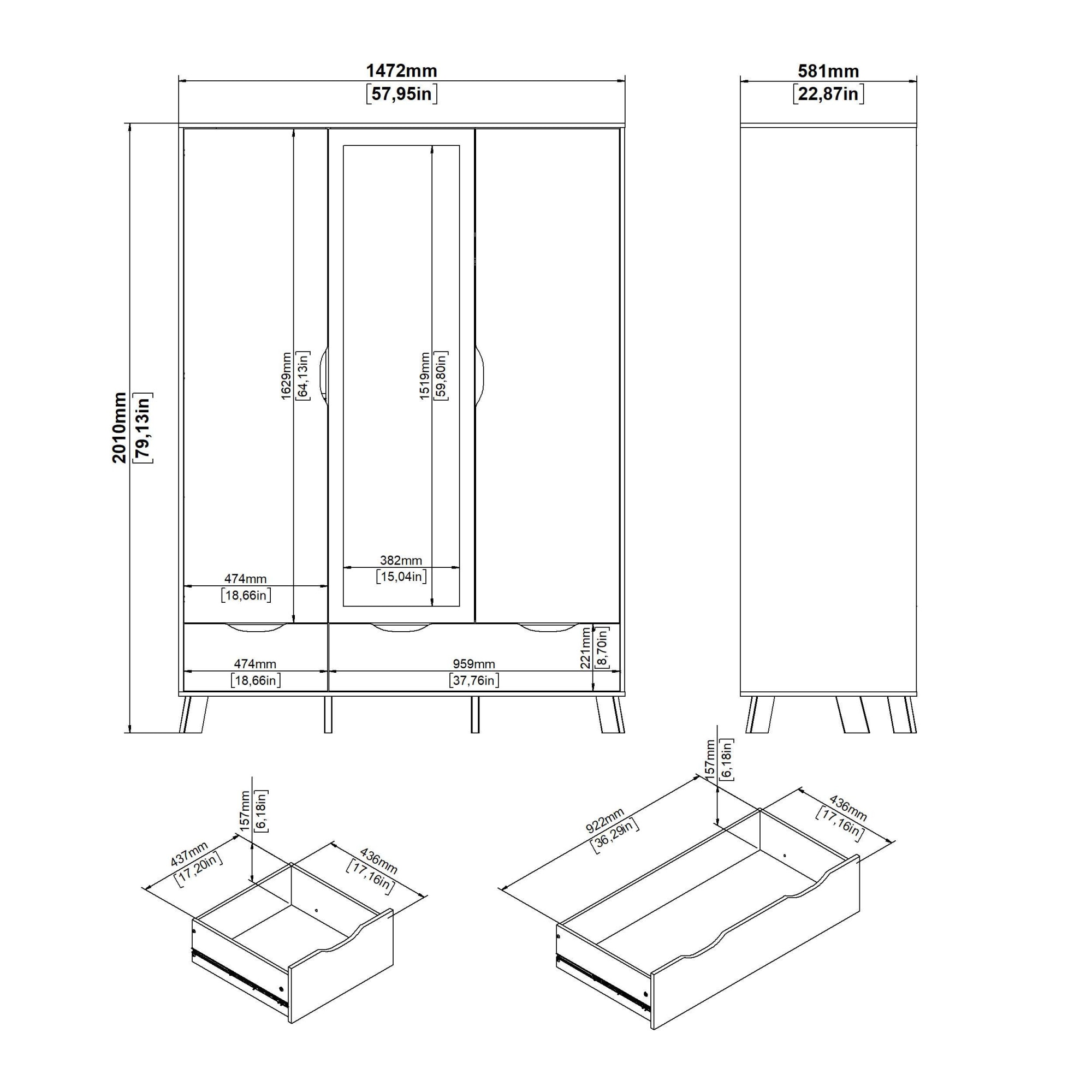 andas Kleiderschrank »Ikast Drehtürenschrank, Spiegeltür, Aufbewahrung, Schrank, Stauraum«, 1 Spiegeltür, 2 Türen, 3 Schubladen, Höhe 201 cm, Breite 147 cm