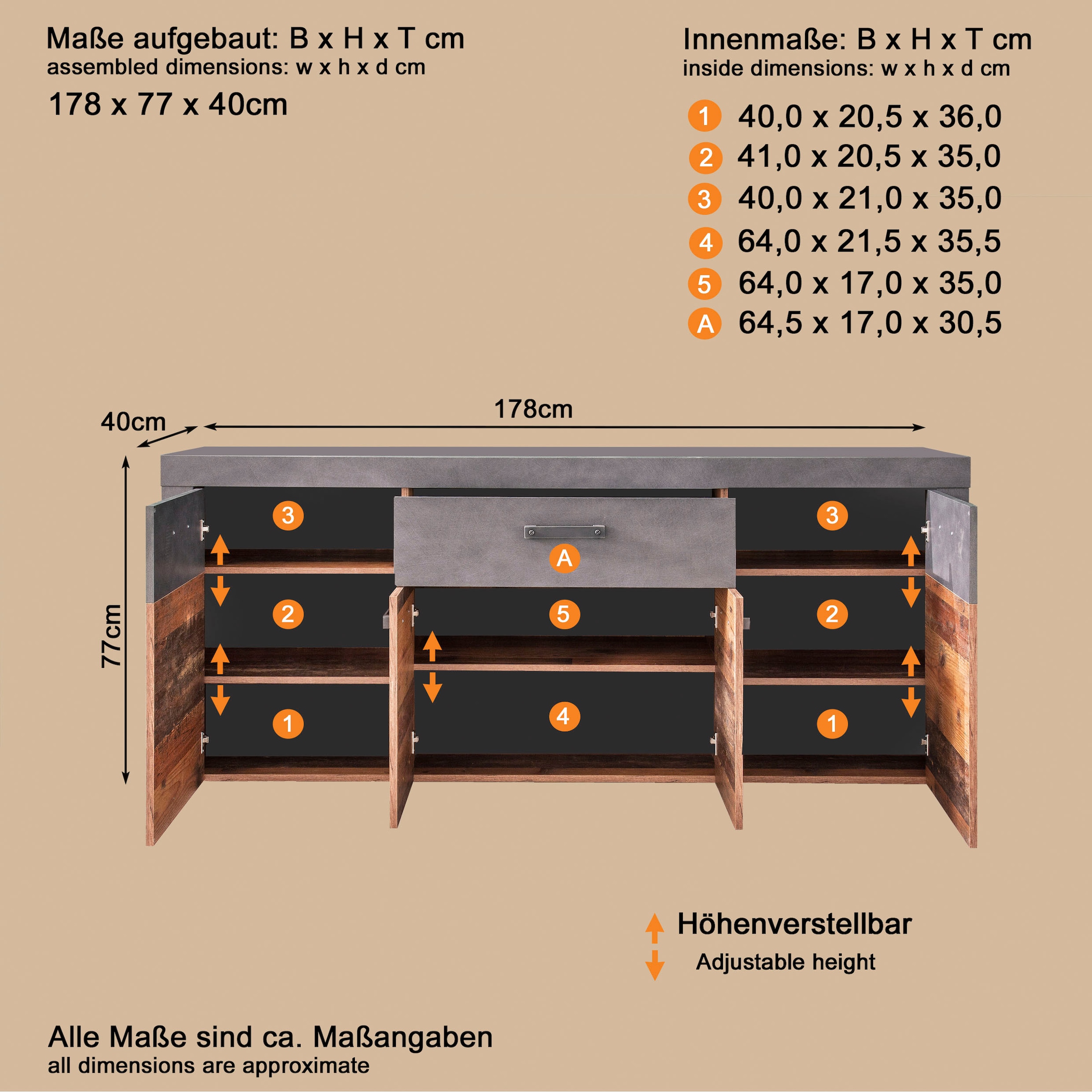 INOSIGN Sideboard »Ilana«, Sideboard mit 4 Türen & 1 Schublade - (B/T/H) 178/40/76 cm