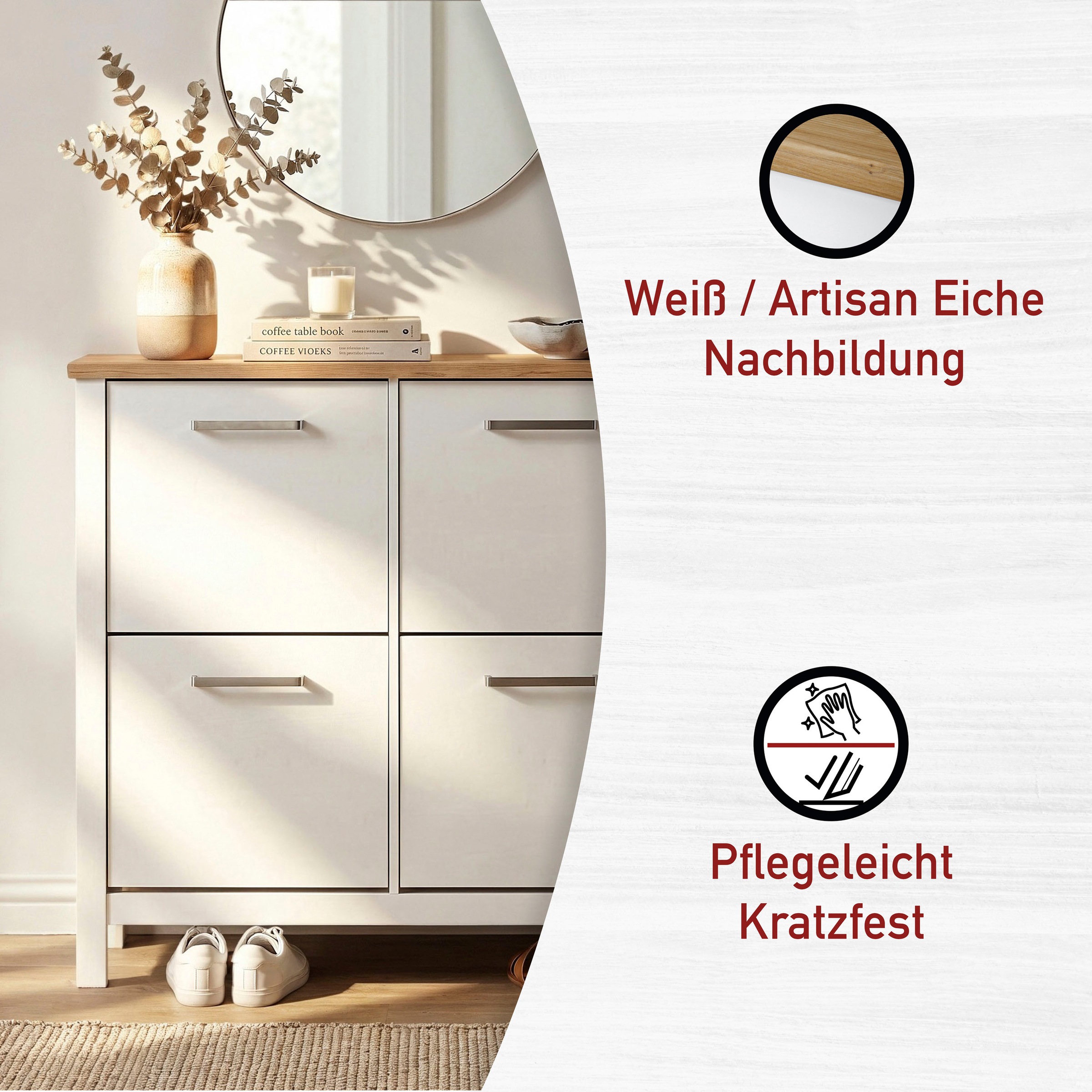 Inter Link Schuhkipper »Enoli, Weiss/Artisan Eiche Nachbildung, Softclose, 16 paar Schuhe« 1 Stk. tlg. Schuhkommode im modernem Skandi Look, platzsparend, 113 x 30 x 109 cm