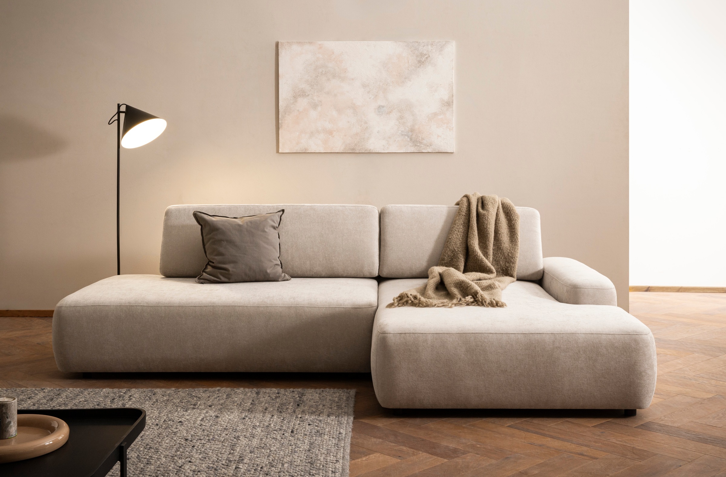 INOSIGN Ecksofa »TORGE, Schlafsofa Cord, Samtvelours u. Strukur fein, Couch in L-Form«, Schlaffunktion und Bettkasten, Liegefläche: 210x125 cm, neues Design