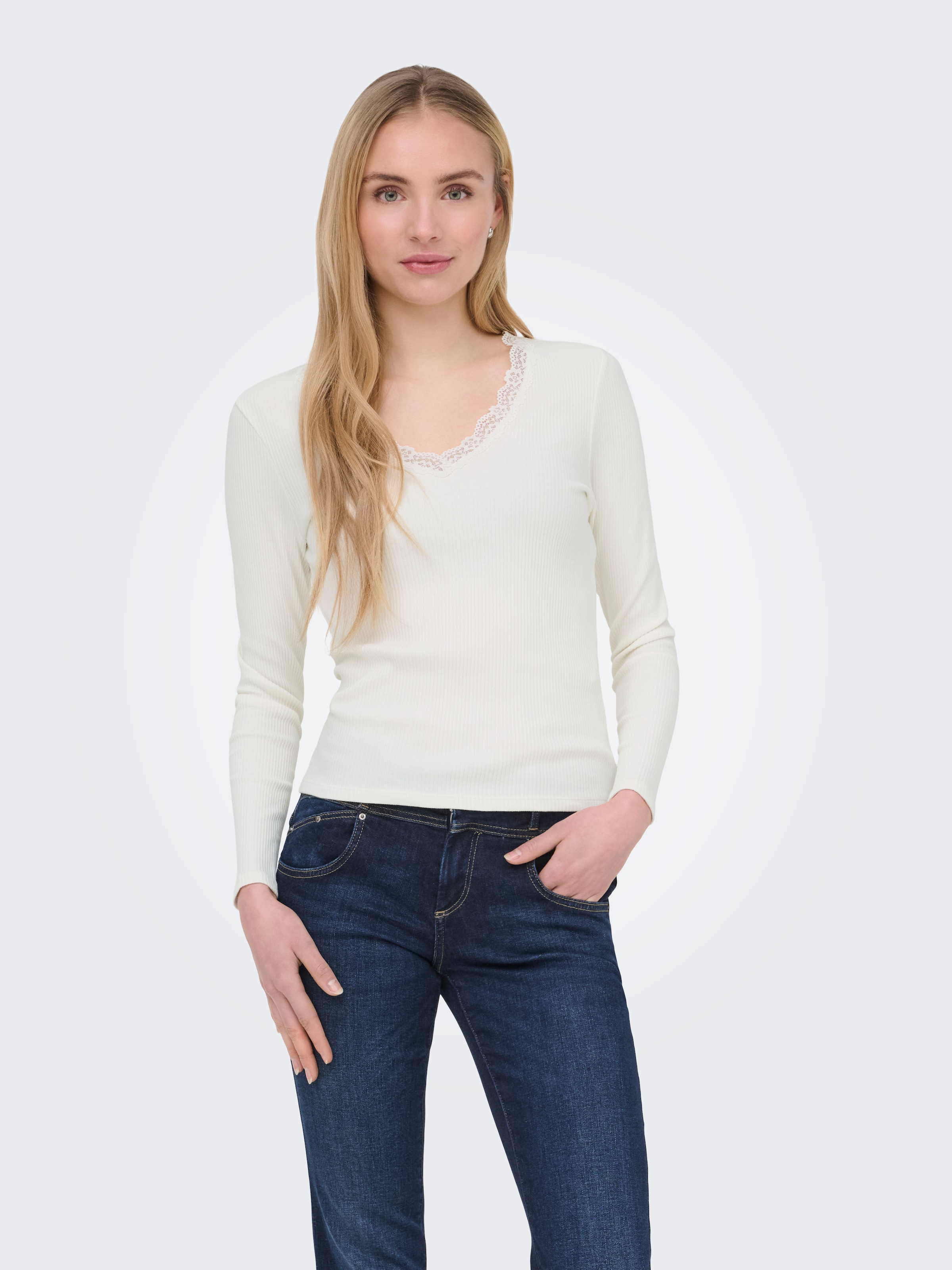 ONLY V-Shirt "ONLSARA SHARAI L/S V-NECK TOP JRS" Baumwollmischung, slim fitregular fit