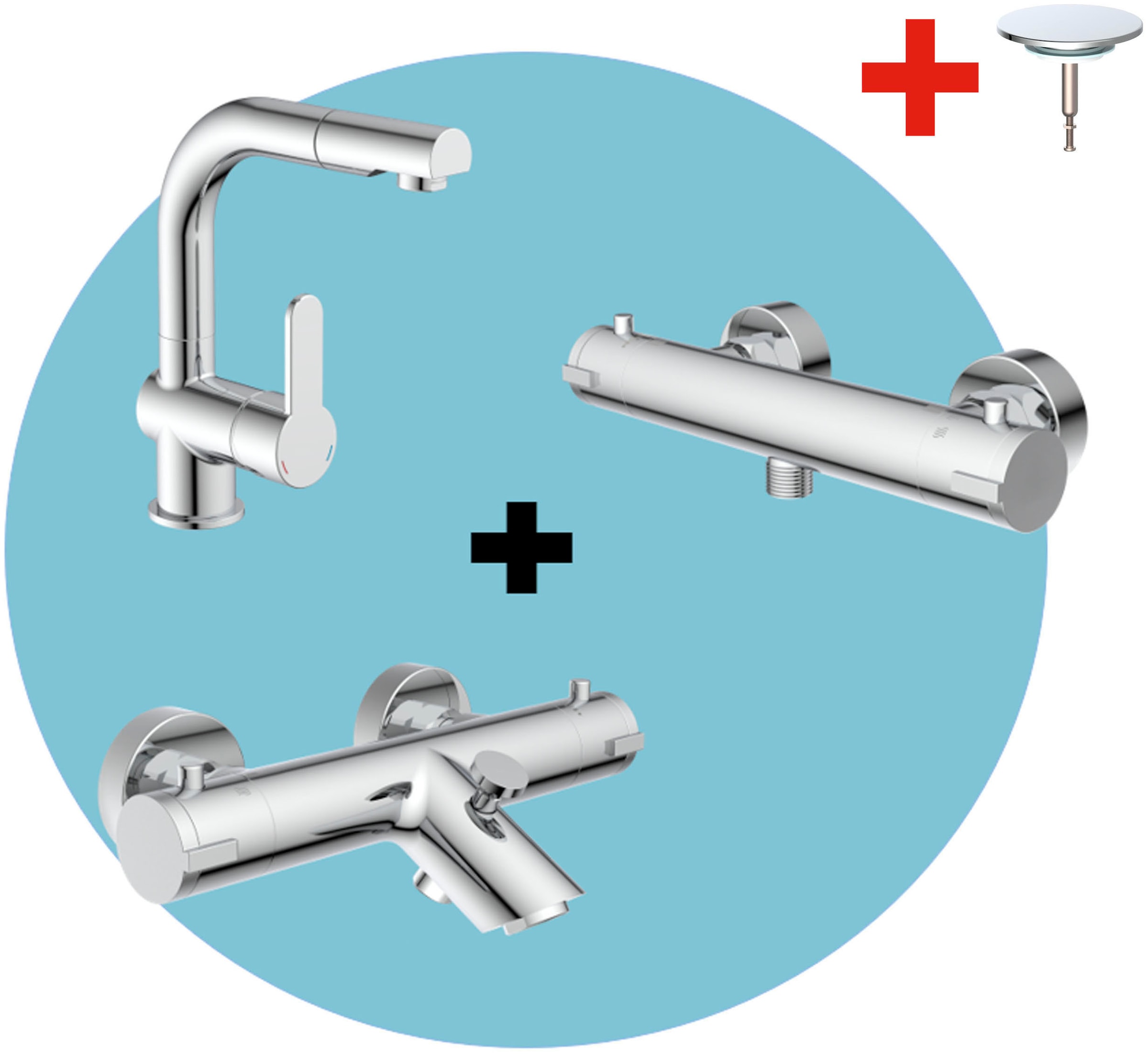 Schütte Badarmatur "3-teilige Serie LONDON", (Set), Energiesparend, Verbrühschutz, 360 schwenkbar, wassersparend