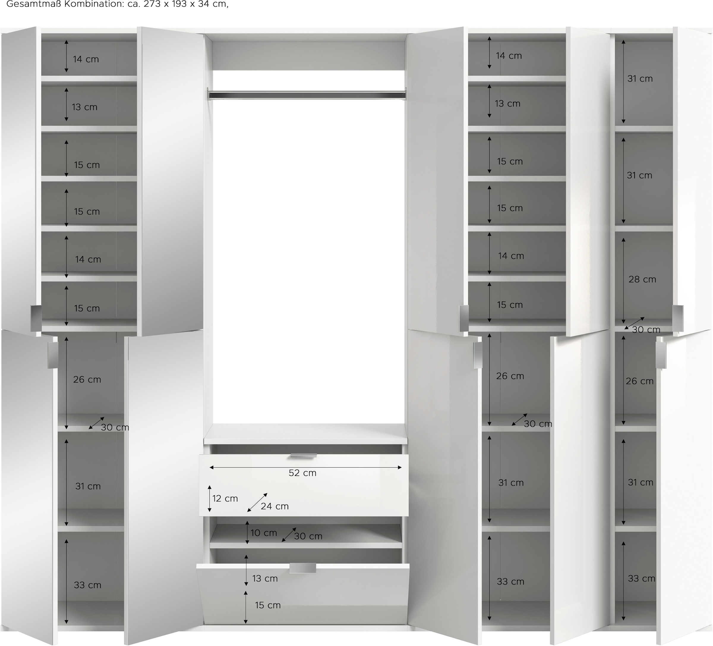 INOSIGN Garderoben-Set »Trondheim, Breite 213 cm, 6-teilig, bestehend aus:«, (Set, 5 St.), 3x Garderobenschrank, 1 Kommode, 1 Garderobenstange, 1 Ablageboden