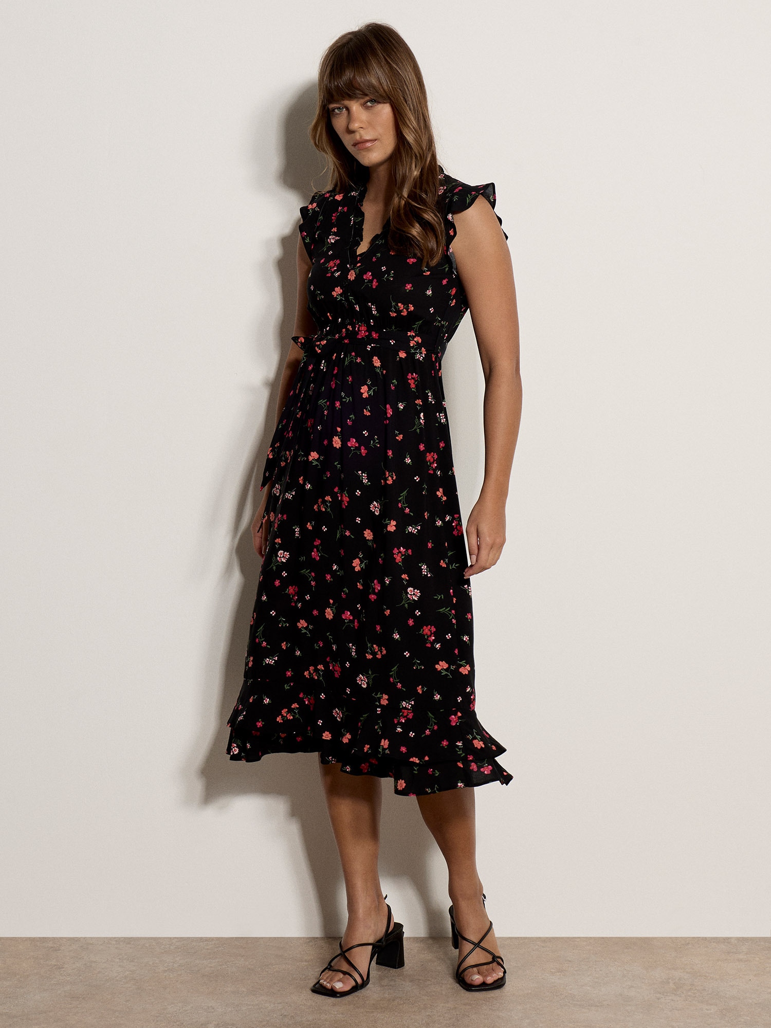 Apricot Midikleid "Geblümtes Midi-Kleid" mit Rüschen und Gürtel