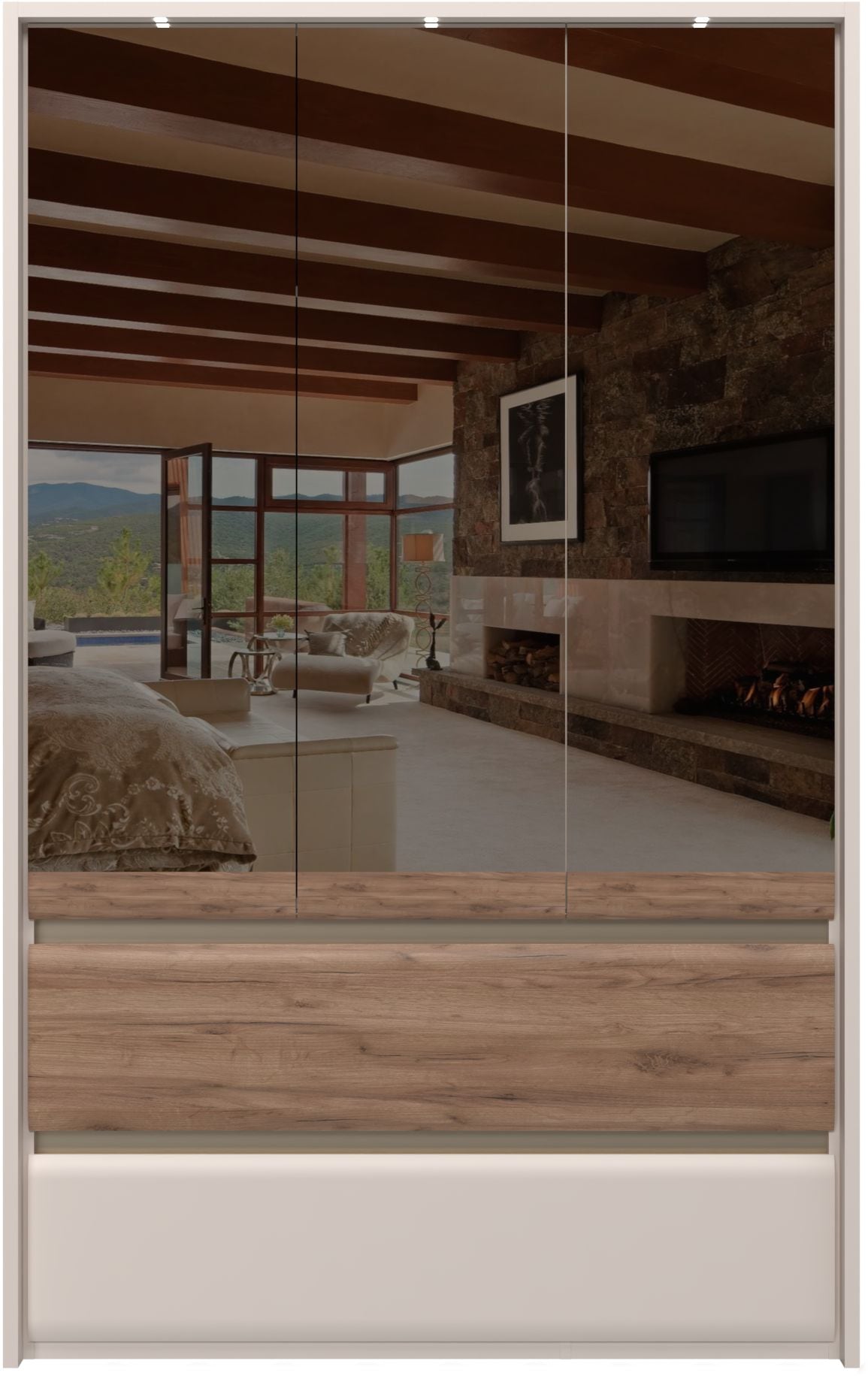 OTTO home Kleiderschrank "Invictus, UV lackiert, FSC-zertifiziert, grifflose Optik" abgerundete Schubladen aus MDF im Holzdekor, soft-close, mit Beleuchtung, Türen komplett verspiegelt, hoher Schrank (226cm)