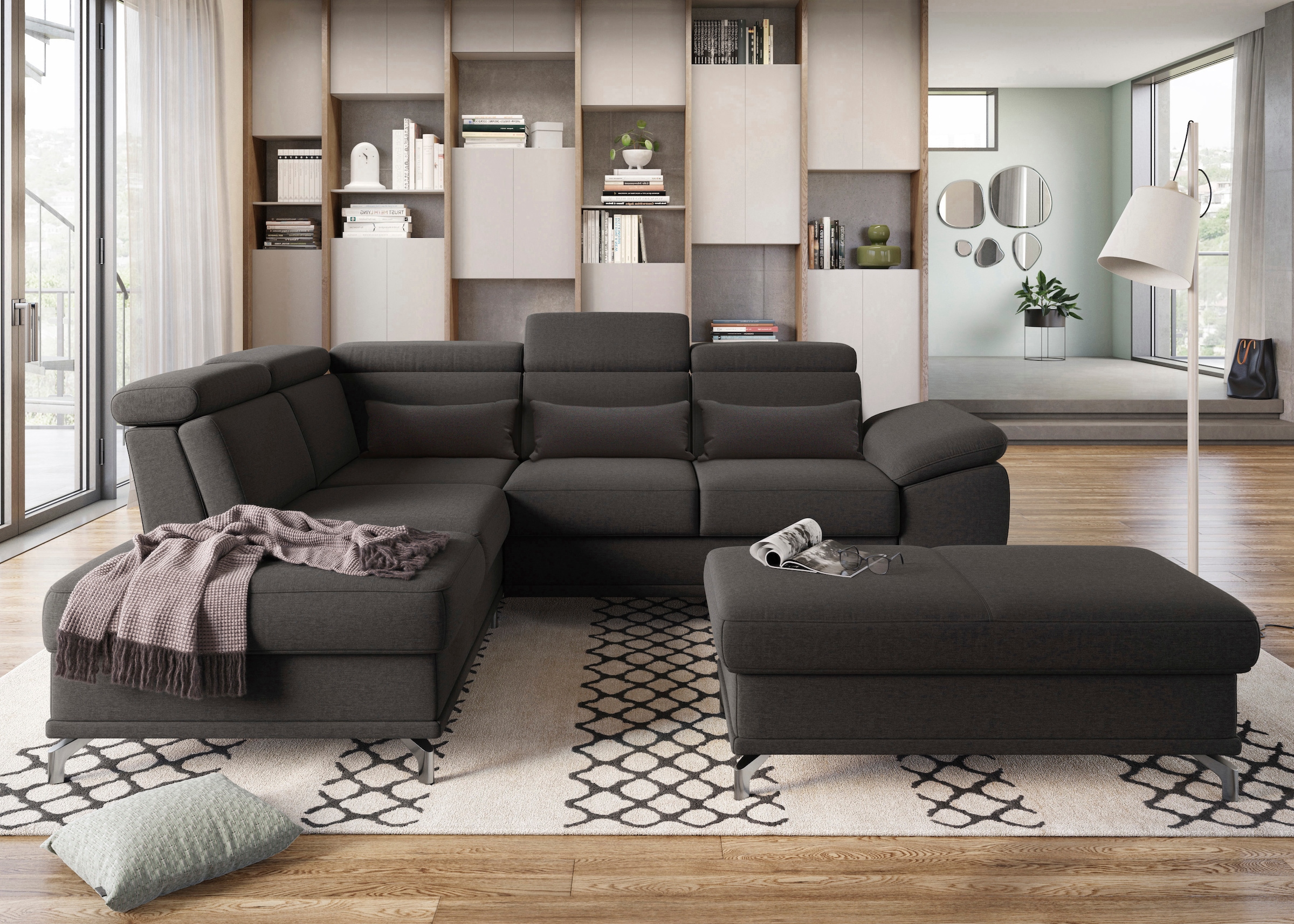 sit&more Ecksofa »Cabrio L-Form, mit Sitztiefenverstellung, Arm- und Kopfteilverstellung«, 3 Nierenkissen, Federkern, optional Bettfunktion und Stauraum
