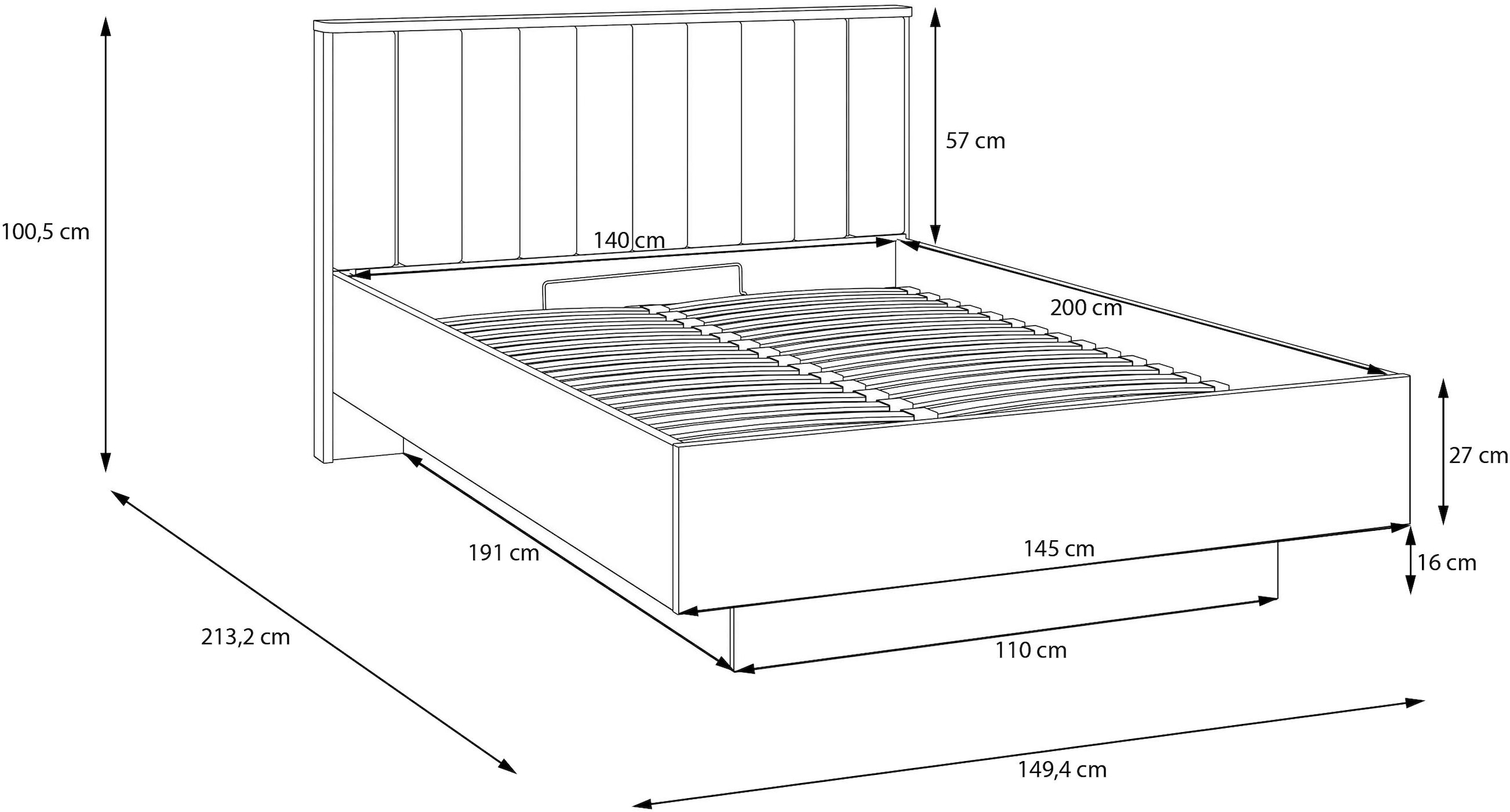 FORTE Bettgestell »Forte Seravel Bettanlage 140 o.160,  Lamellenoptik, warme Holznuancen« inklusive Beleuchtung, aufklappbarer Lattenrost, Stauraum