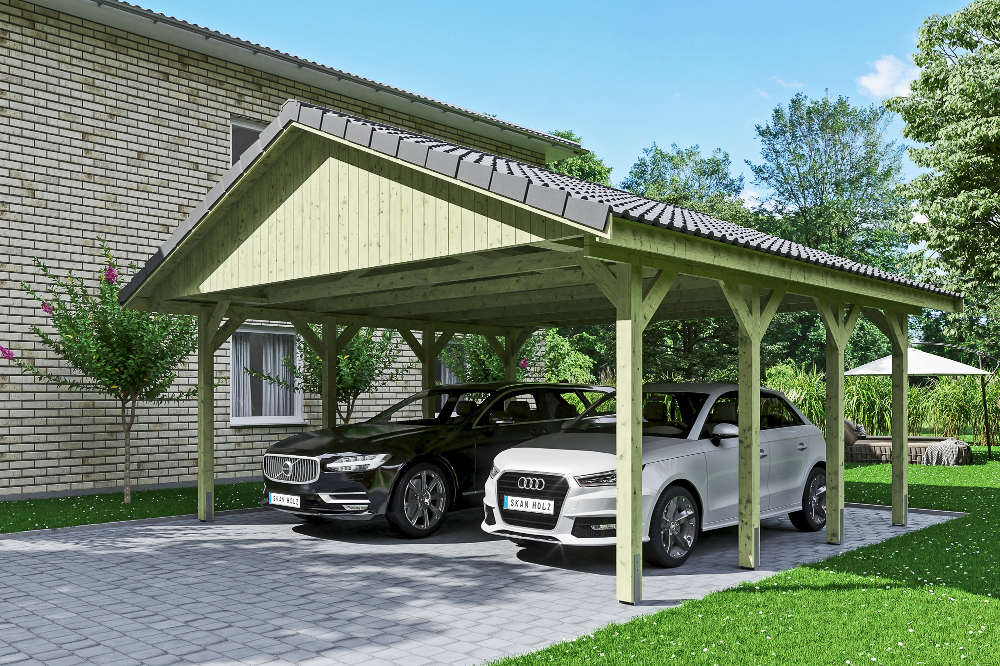 Skanholz Doppelcarport »Wallgau«, Nadelholz, 530 cm, Grün, mit Dachlattung