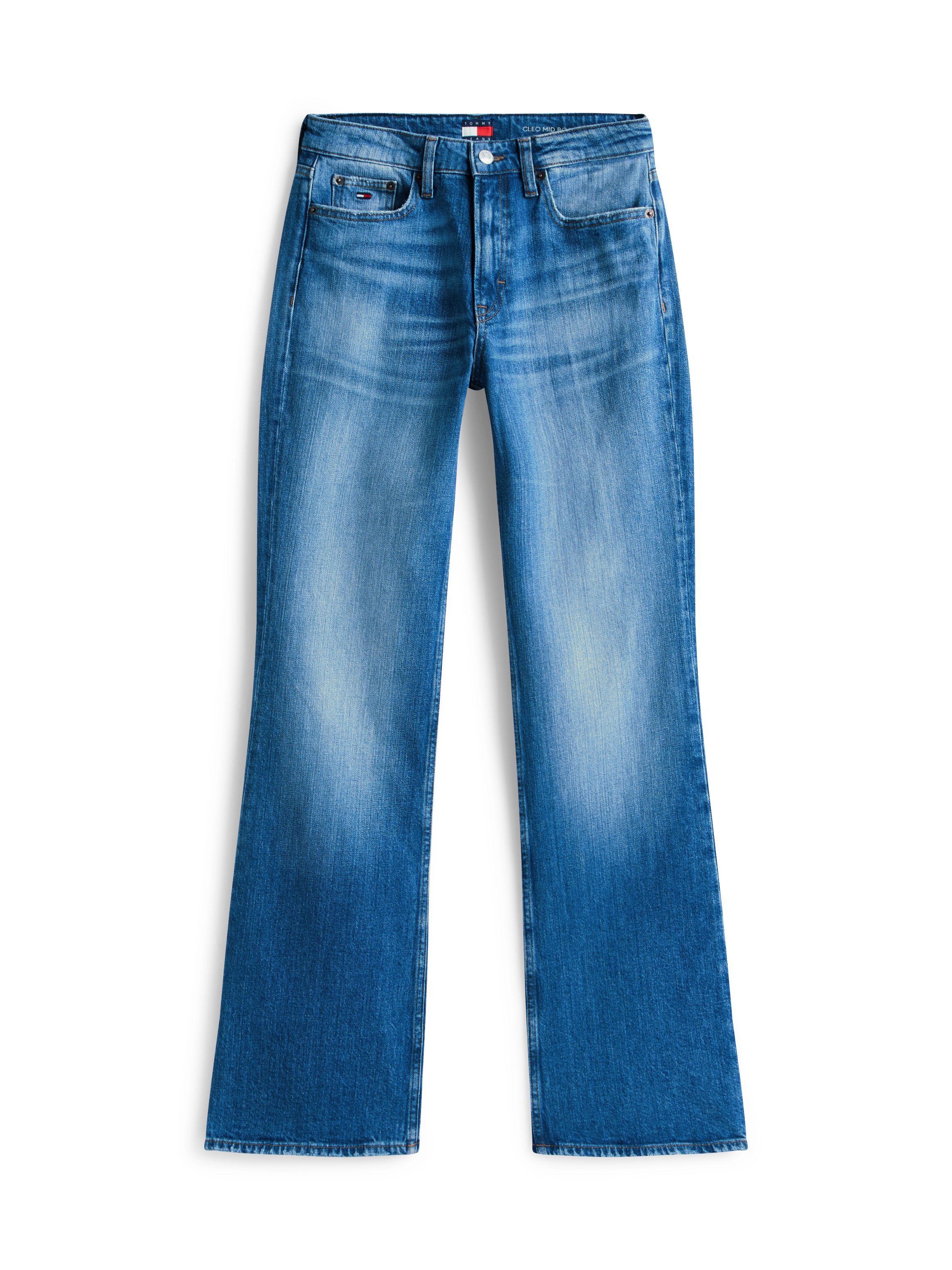 Bootcut-Jeans TOMMY JEANS "CLEO MID BOOTCUT", Herren, Gr. 28, Länge 30, denim medium, Denim/Jeans, Obermaterial: 99% Baumwolle, 1% Elasthan, unifarben, bootcut fit lang, Jeans, im Baumwoll-Mix, Mid Waist 3