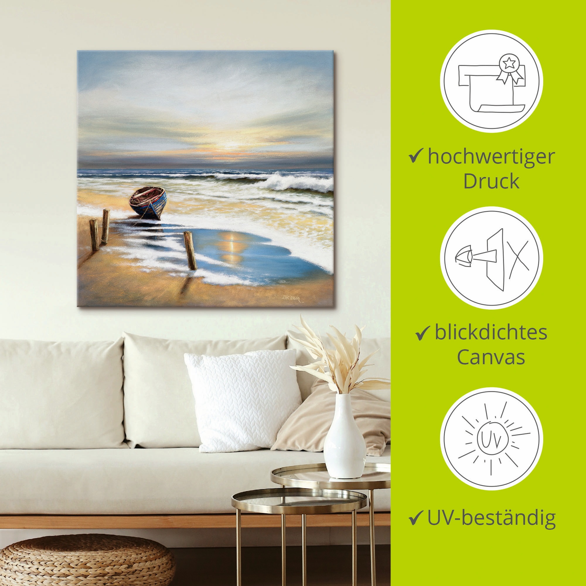 Artland Wandbild »Boot an der Küste«, Strand, (1 St.), als Leinwandbild, Wandaufkleber in verschied. Größen