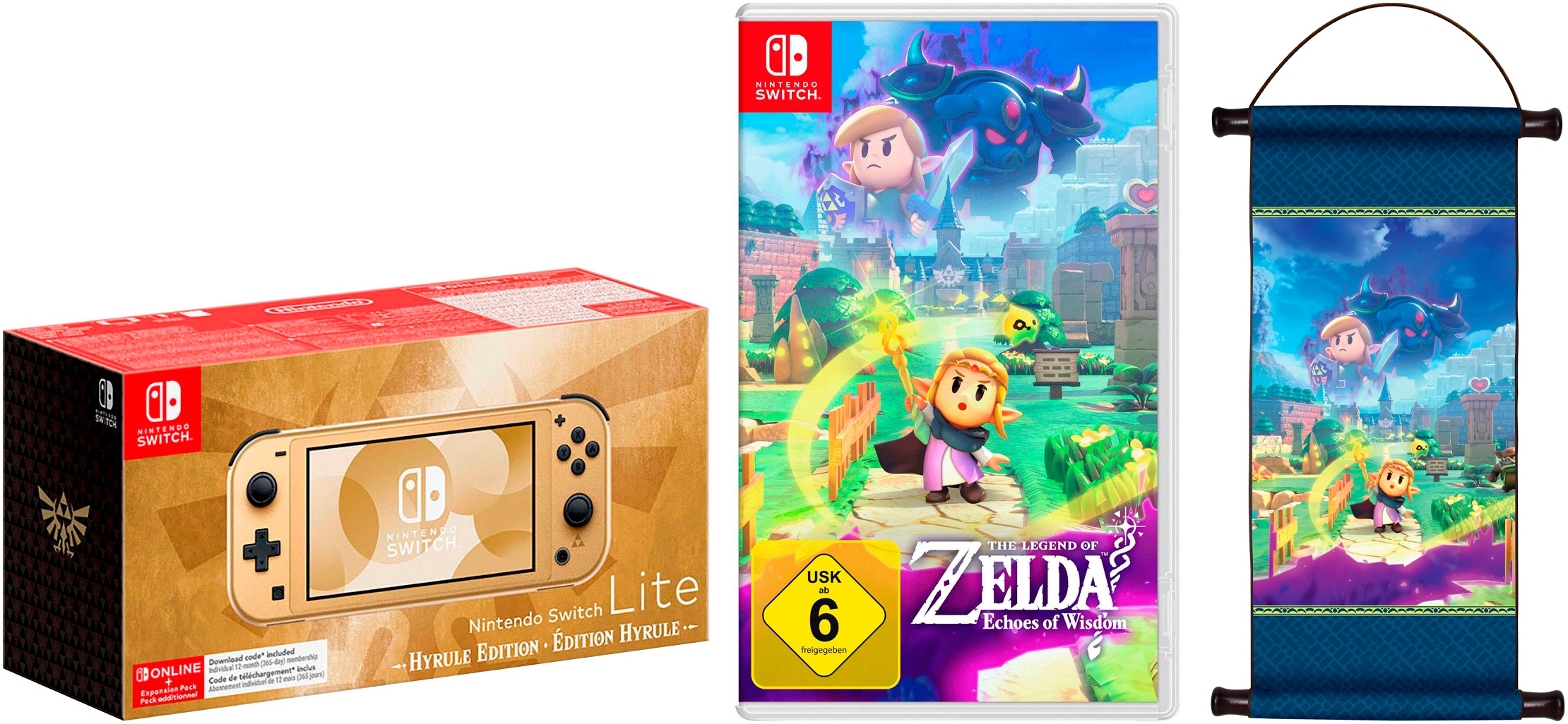 NINTENDO SWITCH Konsolen-Set "Lite – Hyrule-Edition + Zelda: Echoes of Wisdom + Zelda-Schriftrolle", B:20,8cm H:9,11cm T:2,84cm, gold, Spielekonsolen