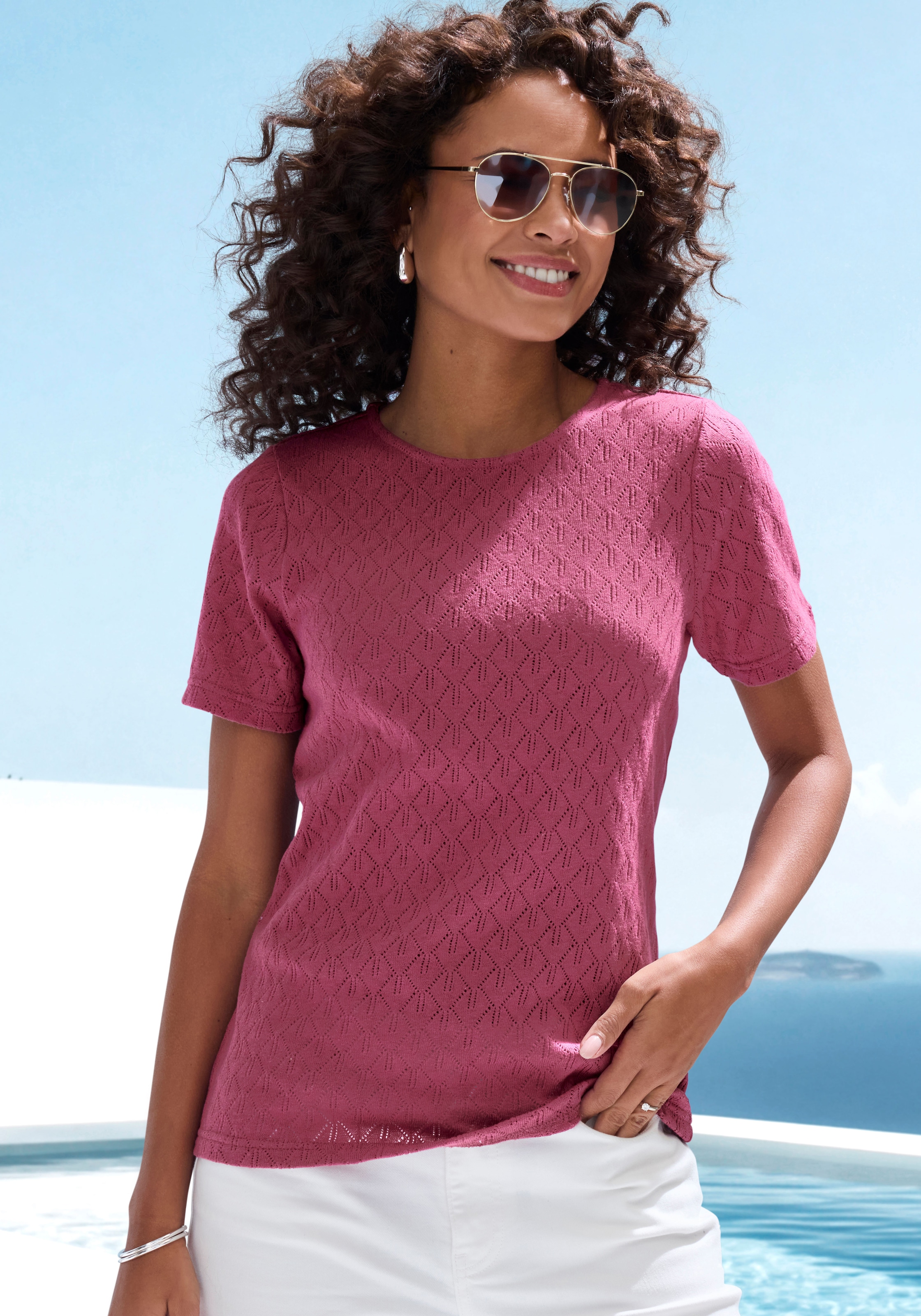 Vivance Kurzarmshirt »mit modischem Ajour-Muster«, (2er-Pack), aus weicher Baumwoll-Qualität