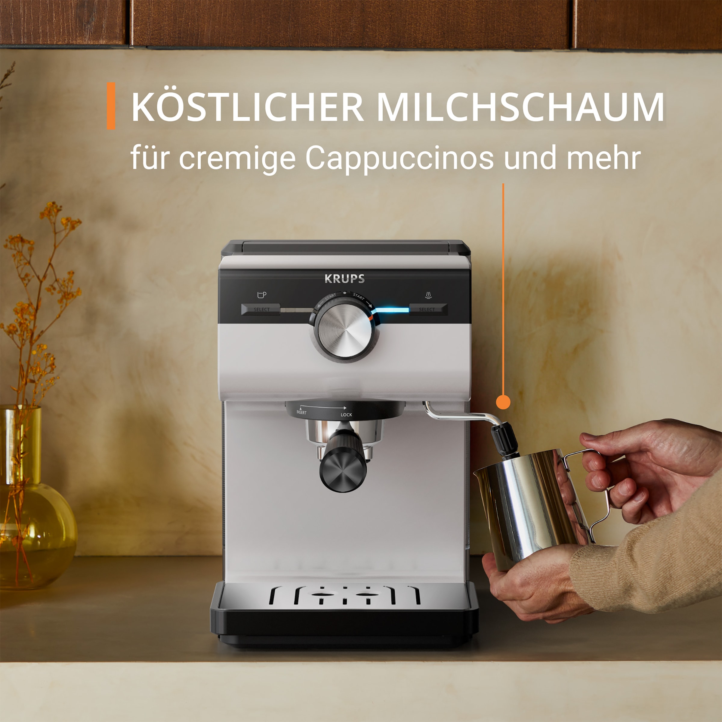 Krups Siebträgermaschine »XP381B Authentic«, intuitives Bedienfeld, Milch-Aufschäumdüse, 2 Siebeinsätze