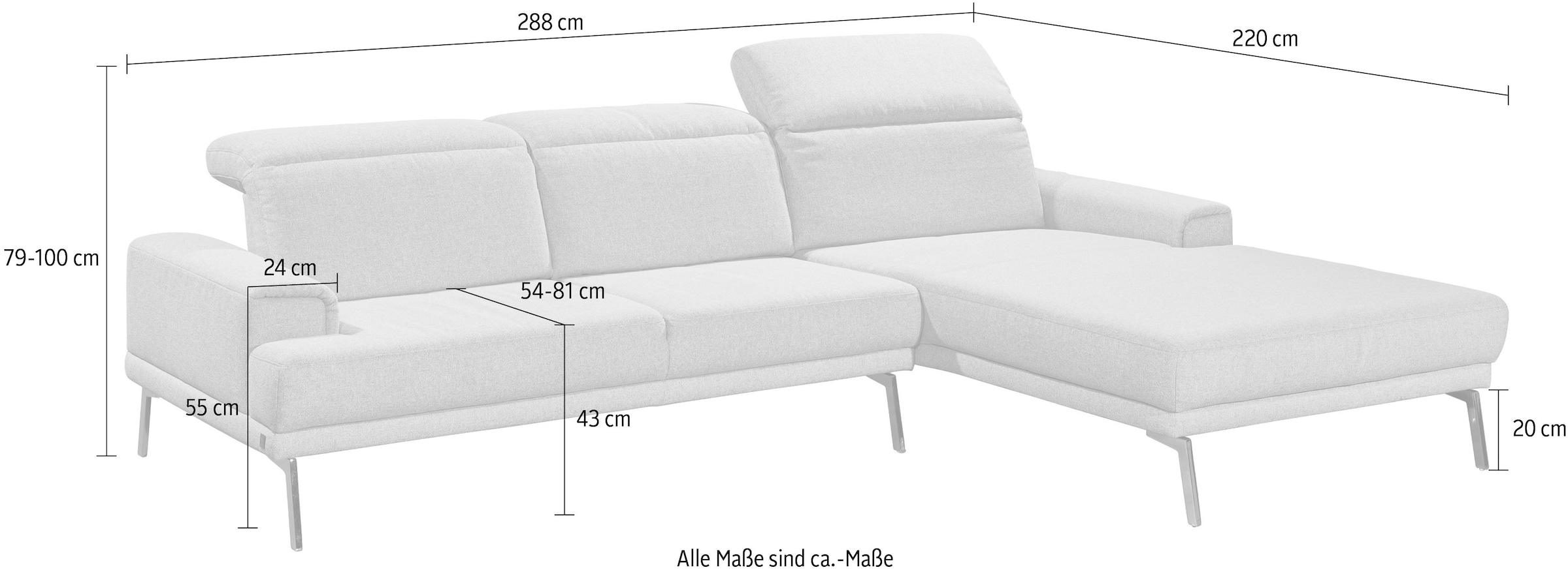 Musterring Ecksofa »MR 4580«, mit Kopf- und Sitztiefenverstellung, Metallfuß chrom, 288 x 193/220cm