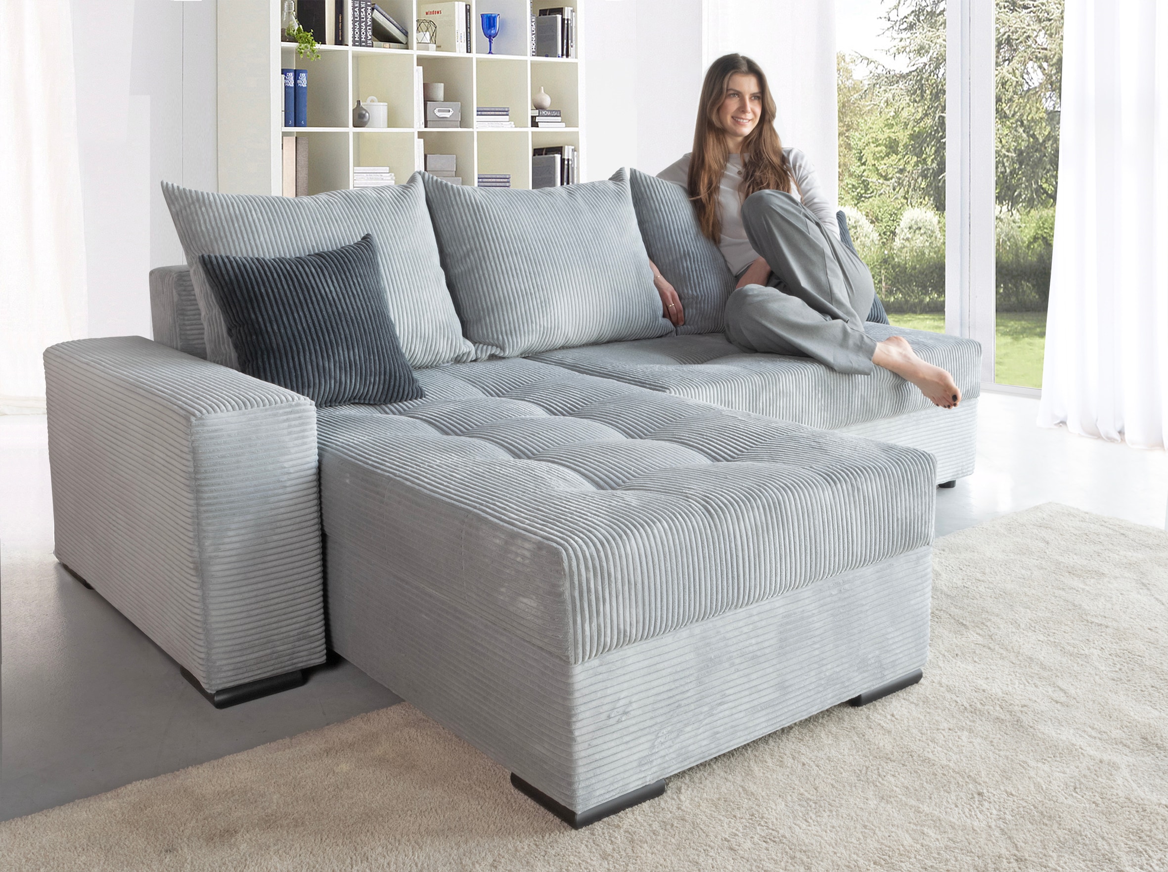 COLLECTION AB "Josy L-Form, B: 214 cm in Cord, Cord-Mix" Schlaffunktion, Bettkasten & 2 Zierkissen, Federkern