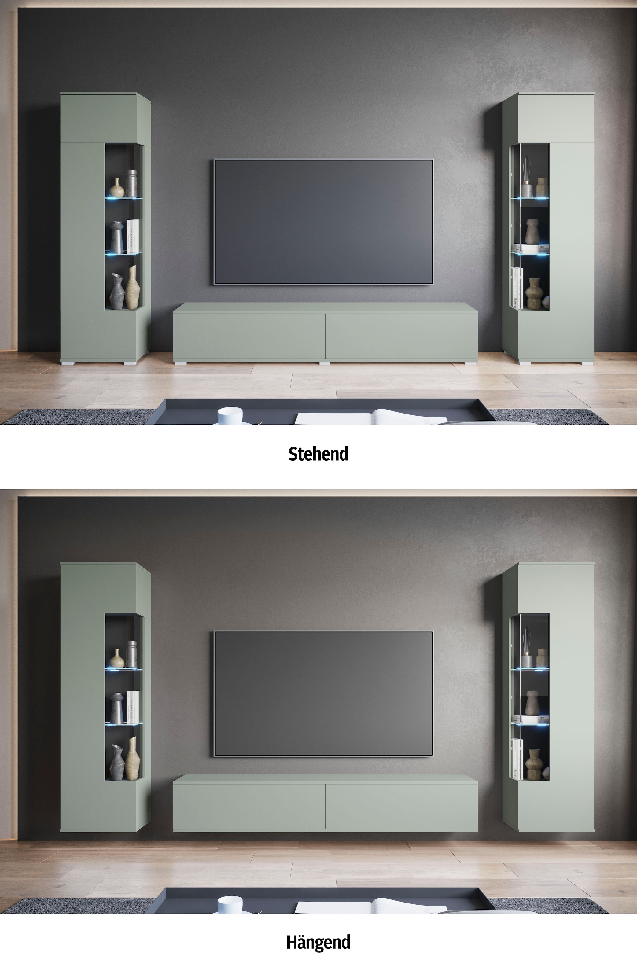 INOSIGN Wohnwand »Kenia, Vitrine Türanschlag links/rechts wechselbar«, (3 St.), Vitrinen mit Eckverglasung, hängend und stehend montierbar