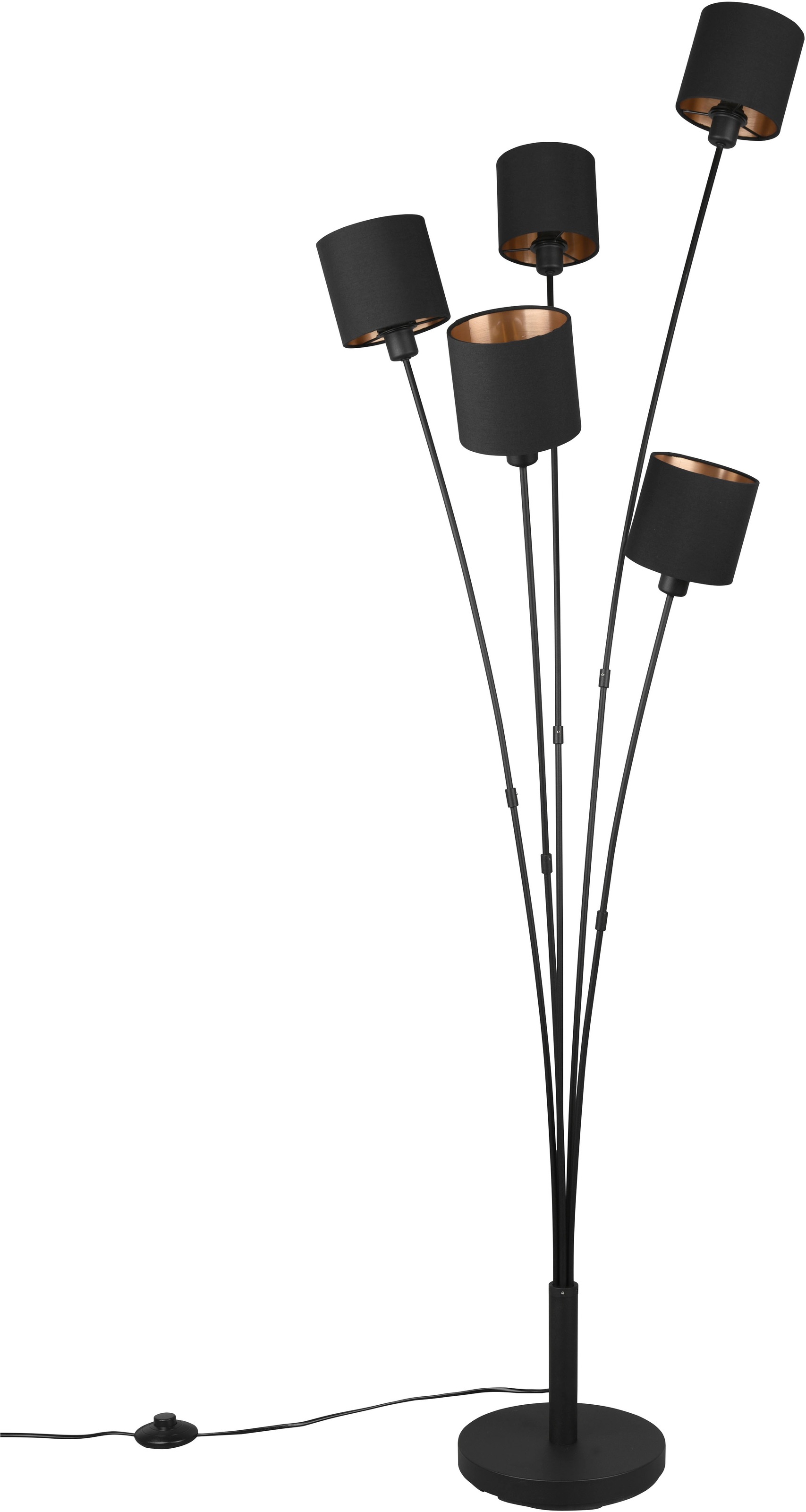 REALITY Leuchten Stehlampe »TOMMY, Stehleuchte 5-flammig, exkl 5x E14 max 40W mit Fussschalter«, 5 flammig, Leuchtmittel E14 | Leuchtmittel wechselbar, Stehlampe Wohnzimmer mit Stoffschirmen in modernem schwarz-gold