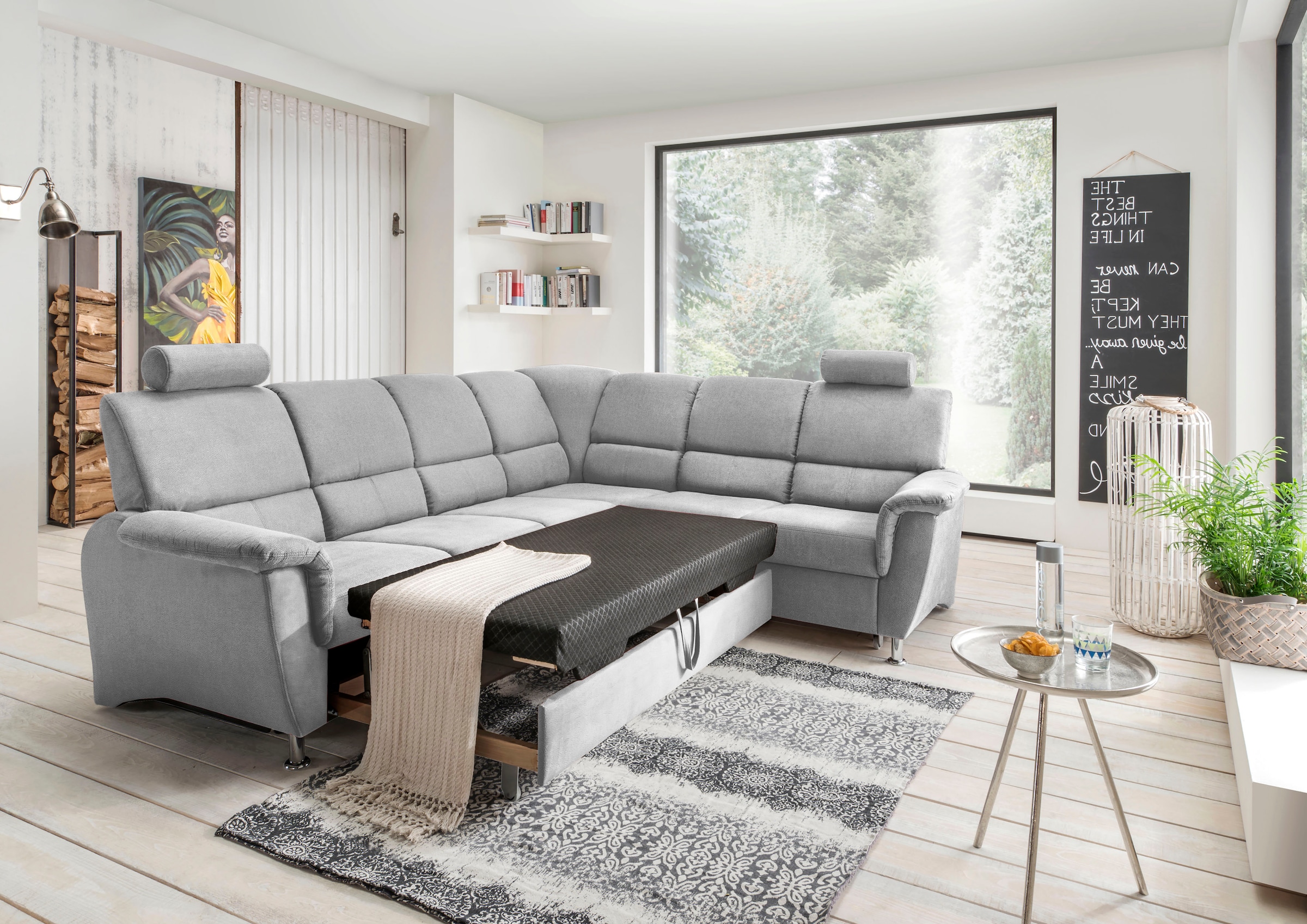 Home affaire Ecksofa »Pisa L-Form, mit Schlaffunktion, Stauraum, 2x höhenverstellbare«, Kopfstützen und Relaxfunktion im Eckelement