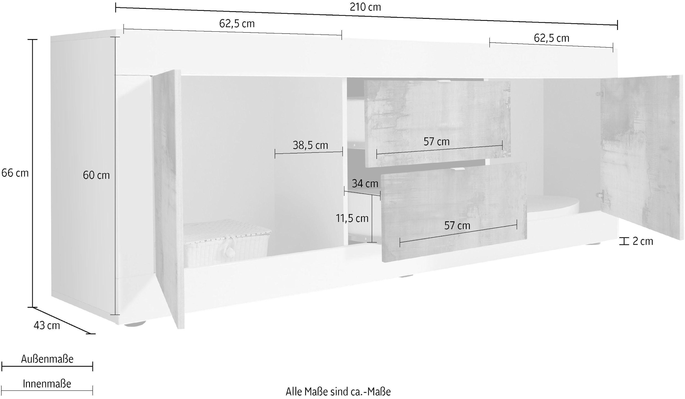 INOSIGN Lowboard »Basic Breite 210 cm, TV-Board 2 Türen, 2 Schubkästen, TV-Schrank«, Metallgriff, moderne Rahmenoptik, viel Stauraum, Farbauswahl