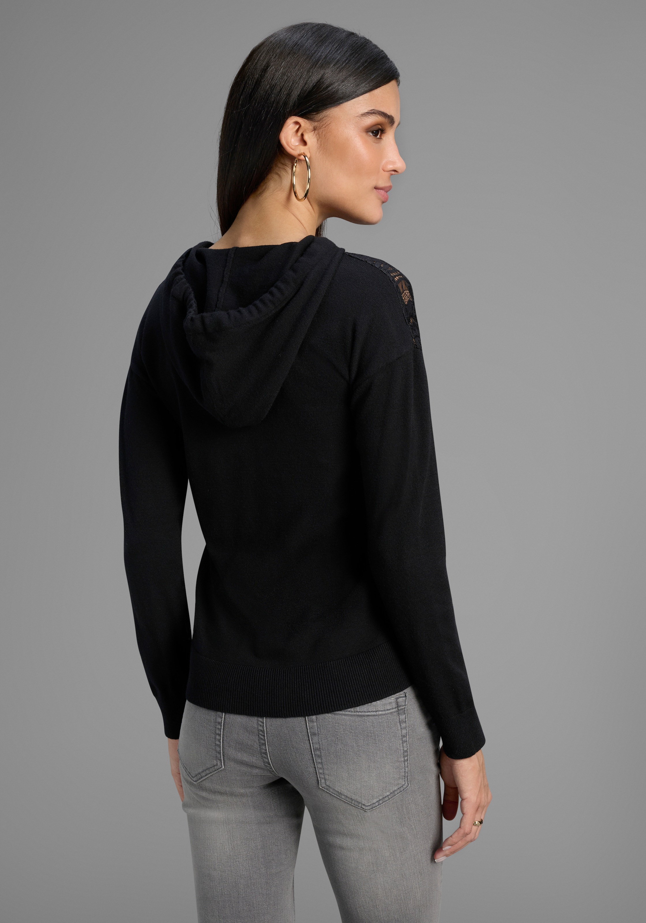 Laura Scott Kapuzenpullover kuscheliger Winterstrick mit femininem Spitzene günstig online kaufen