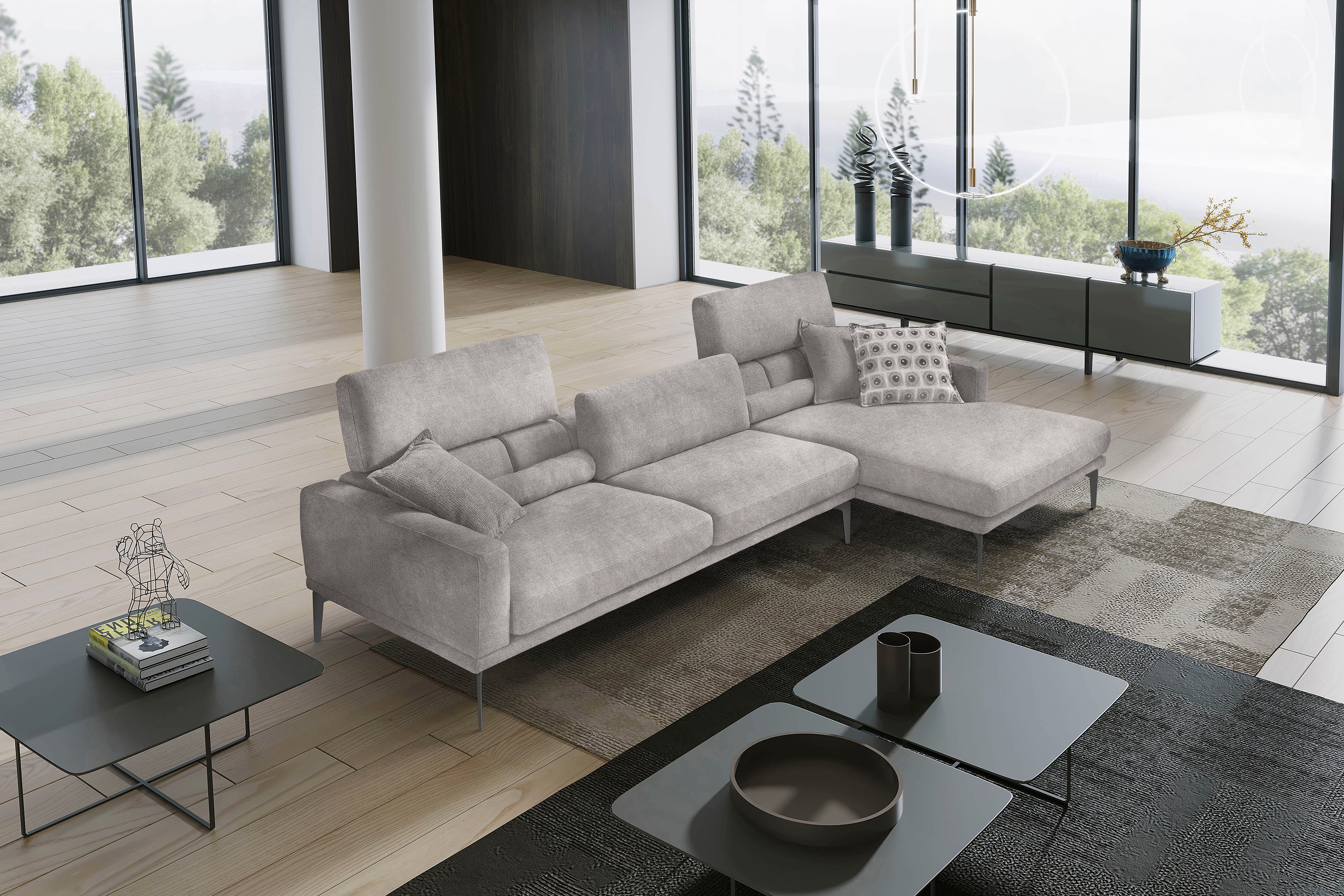 Egoitaliano Ecksofa "Masu, Design trifft sensationellen Sitzkomfort, Breite 277cm, L-Form" inkl. 2 Kissenrollen, Rückenelemente manuell verstellbar, Metallfüße