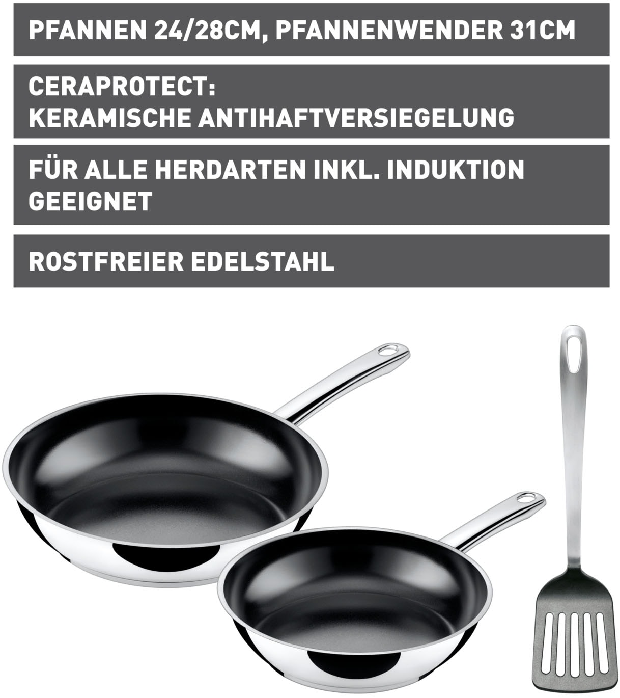 Silit Pfannen-Set »Talis 3-teilig, mit Pfannenwender, Bratpfanne 24, 20 cm«, Cromargan® Edelstahl Rostfrei 18/10, (Set, 3 tlg., je 1 Pfanne Ø 24/20 cm, H: 5 cm), Pfanne Induktion, Edelstahl beschichtet, backofenfest bis 250 Grad