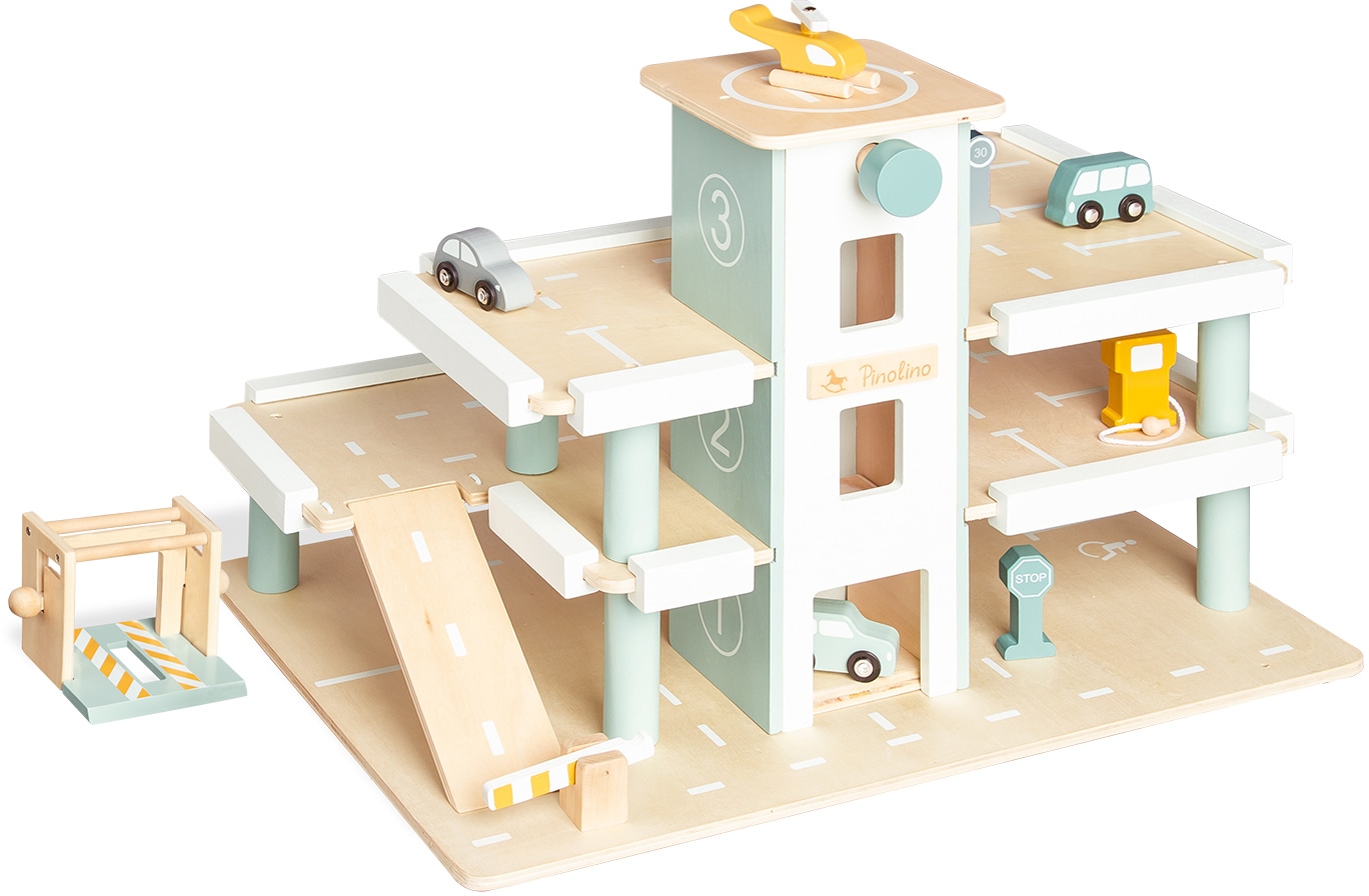 PINOLINO Kinder Spiel-Parkhaus "Kurt", bunt, B:40cm H:37cm T:57cm, Fahrzeug-Spielwelten, mit man. Aufzug; FSC - schützt Wald
