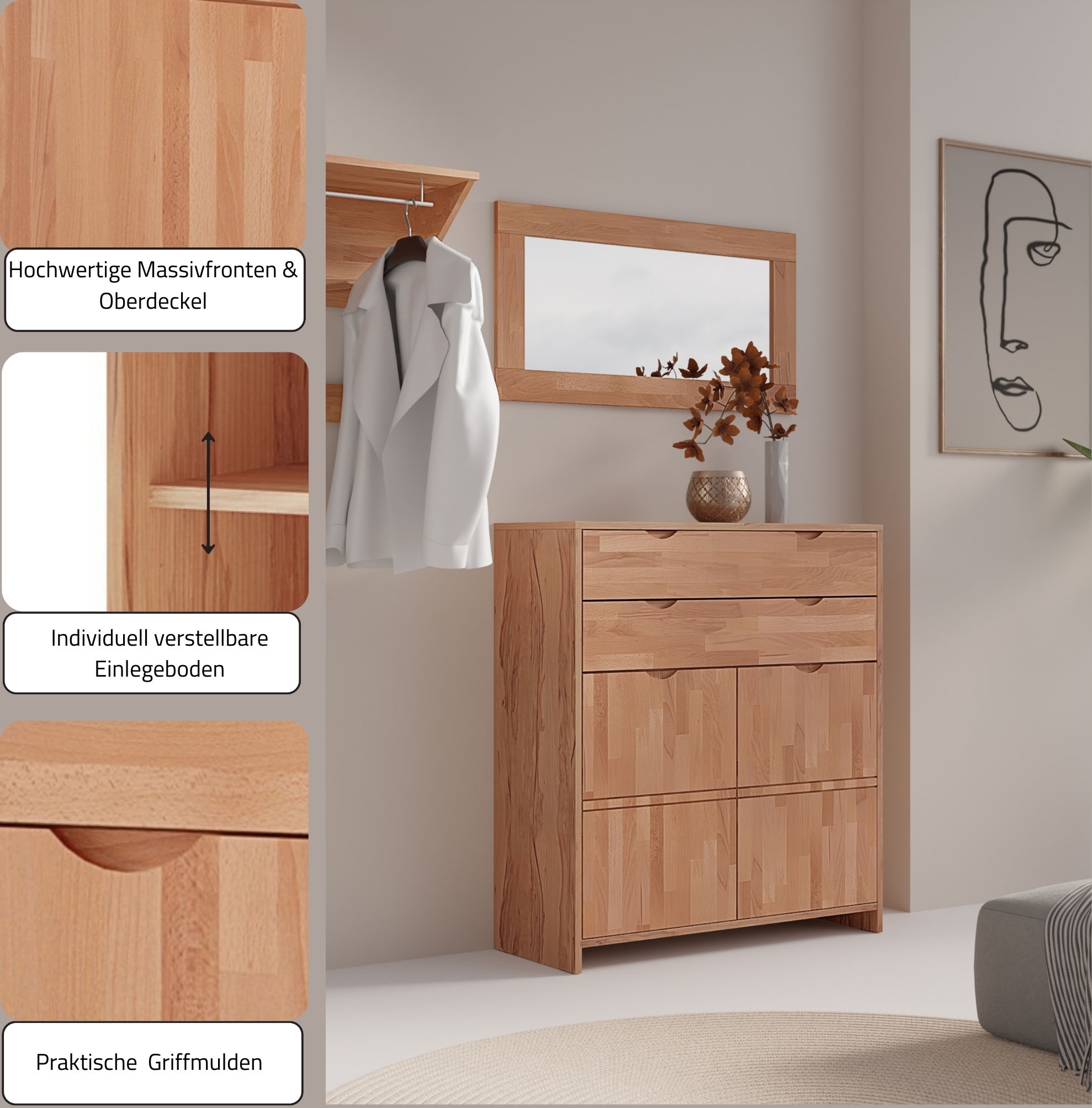 OTTO home Highboard »Maximus: 3 geräumige Fächer, 2 Softclose Schubladen,Hochwertig,Zeitlos« B/T/H: 96/38/107cm, Massivzholz Fronten&Oberdeckel, Korpus aus Melamin