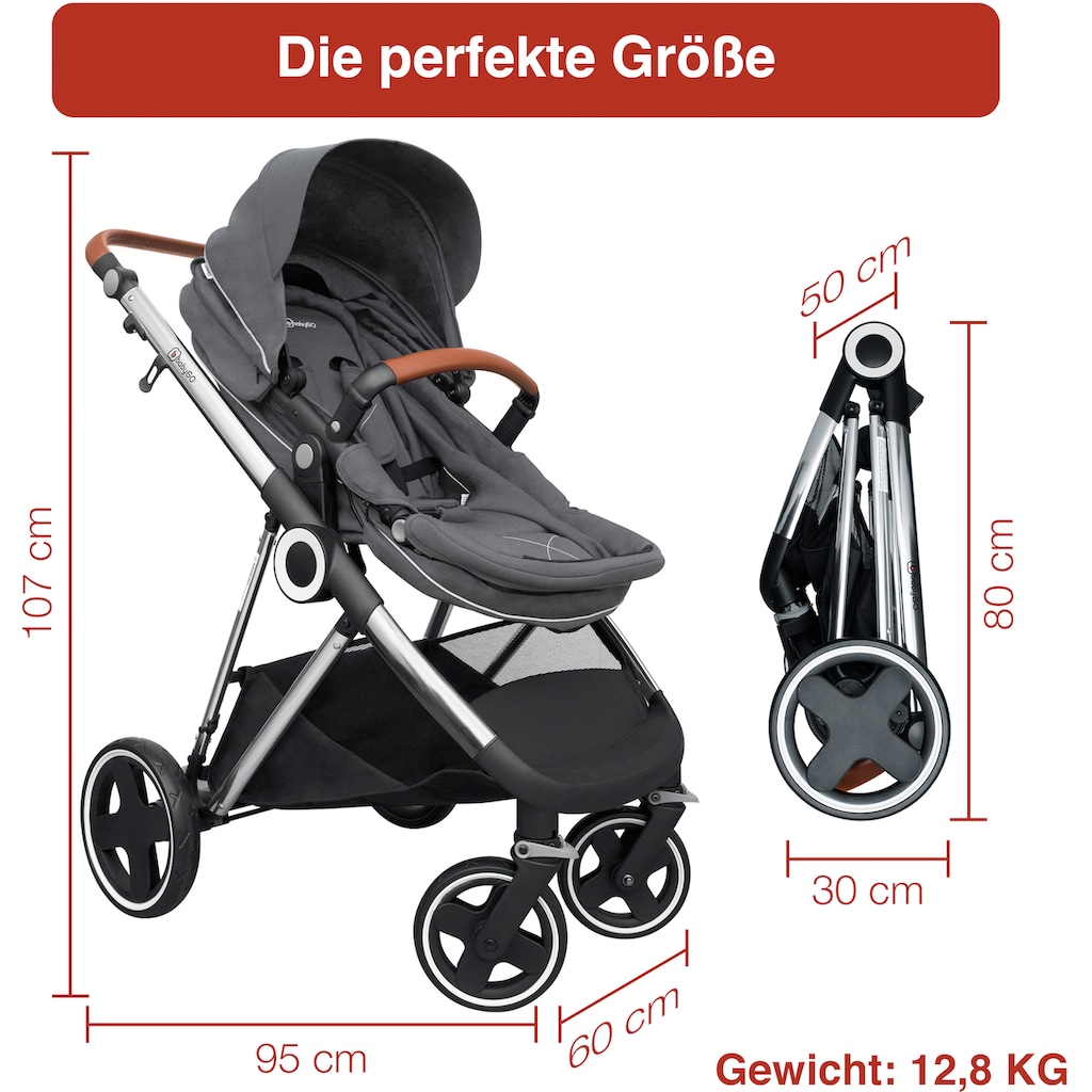 BabyGo Kombi-Kinderwagen »Halime 3in1, Grey Silver«, inklusive Babywanne, Babyschale, Regenhaube & Wickeltasche