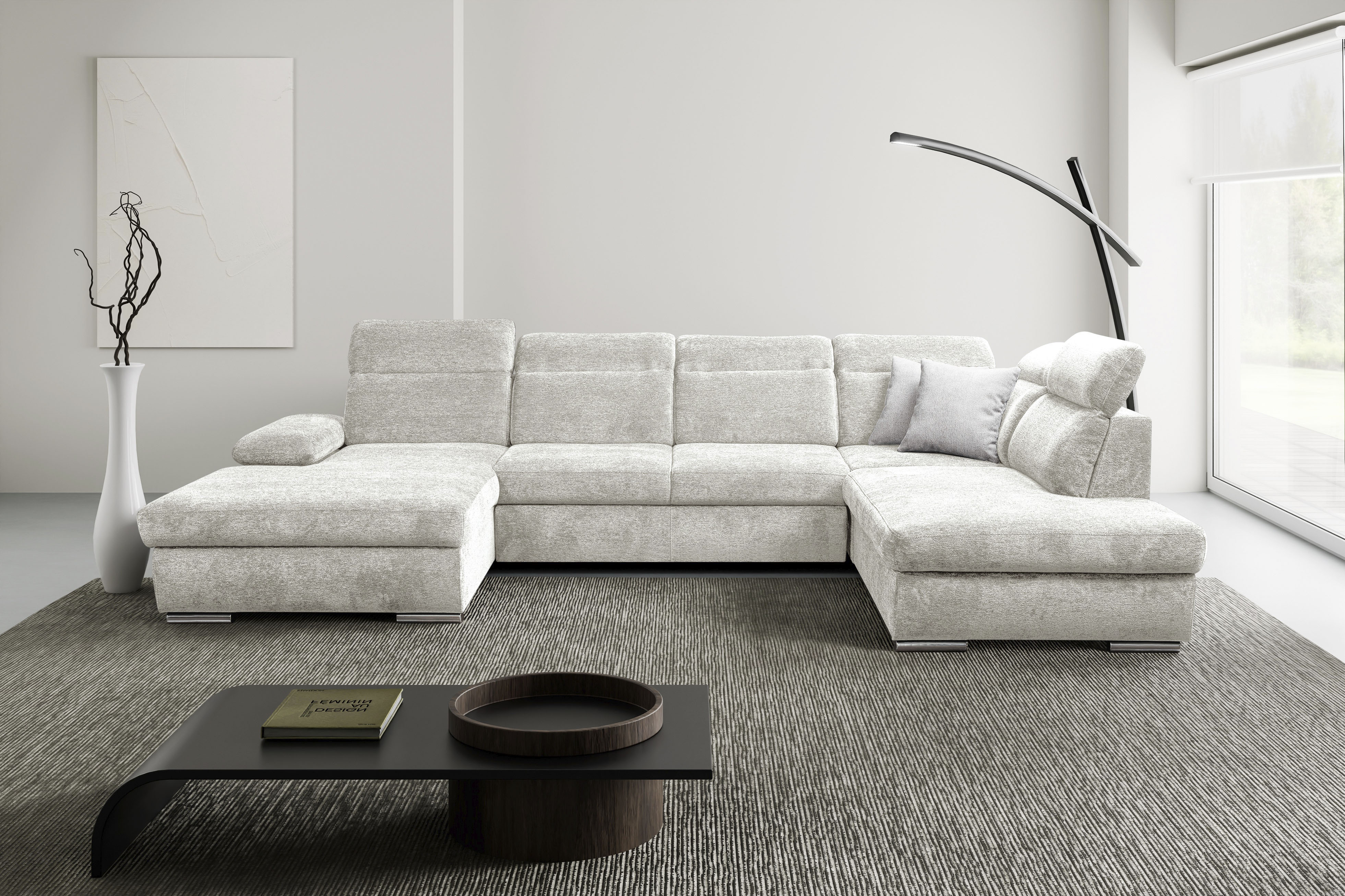 WERK2 Wohnlandschaft "Cordoba inkl. Bett & Bettkasten, Kopfteilverstellung, zeitlos, elegant" Struktur weich, U-Form, XXL, Schlaffunktion, Bettkasten