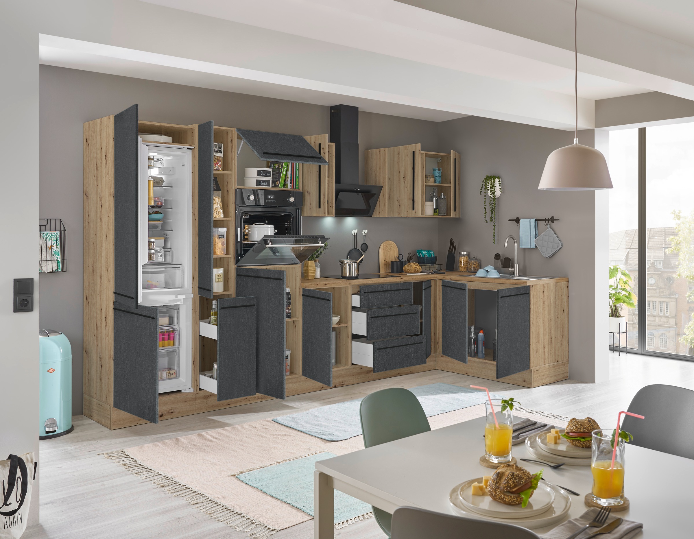 KOCHSTATION Winkelküche »Florida, Stellbreite 360x165 cm«, wahlweise mit E-Geräten, mit Softclose für Türen und Schubkästen