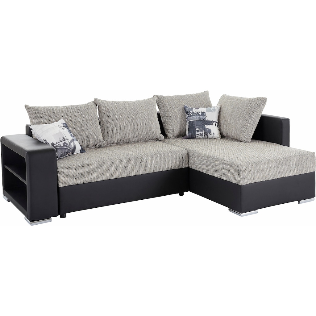 Ecksofa John mit Bettfunktion, Bettkasten und Regalarmteil