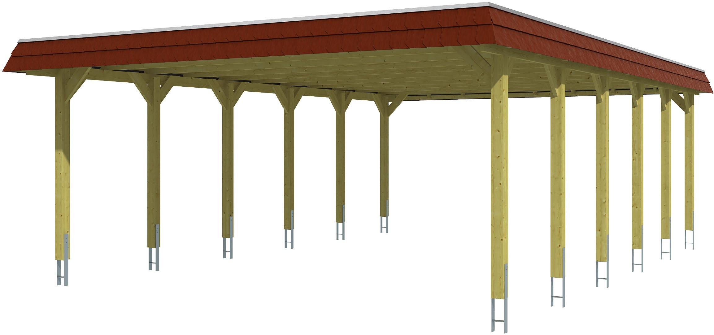 Skanholz Doppelcarport "Spreewald", Nadelholz, 530 cm, Grün, mit Aluminiumdach, rote Blende