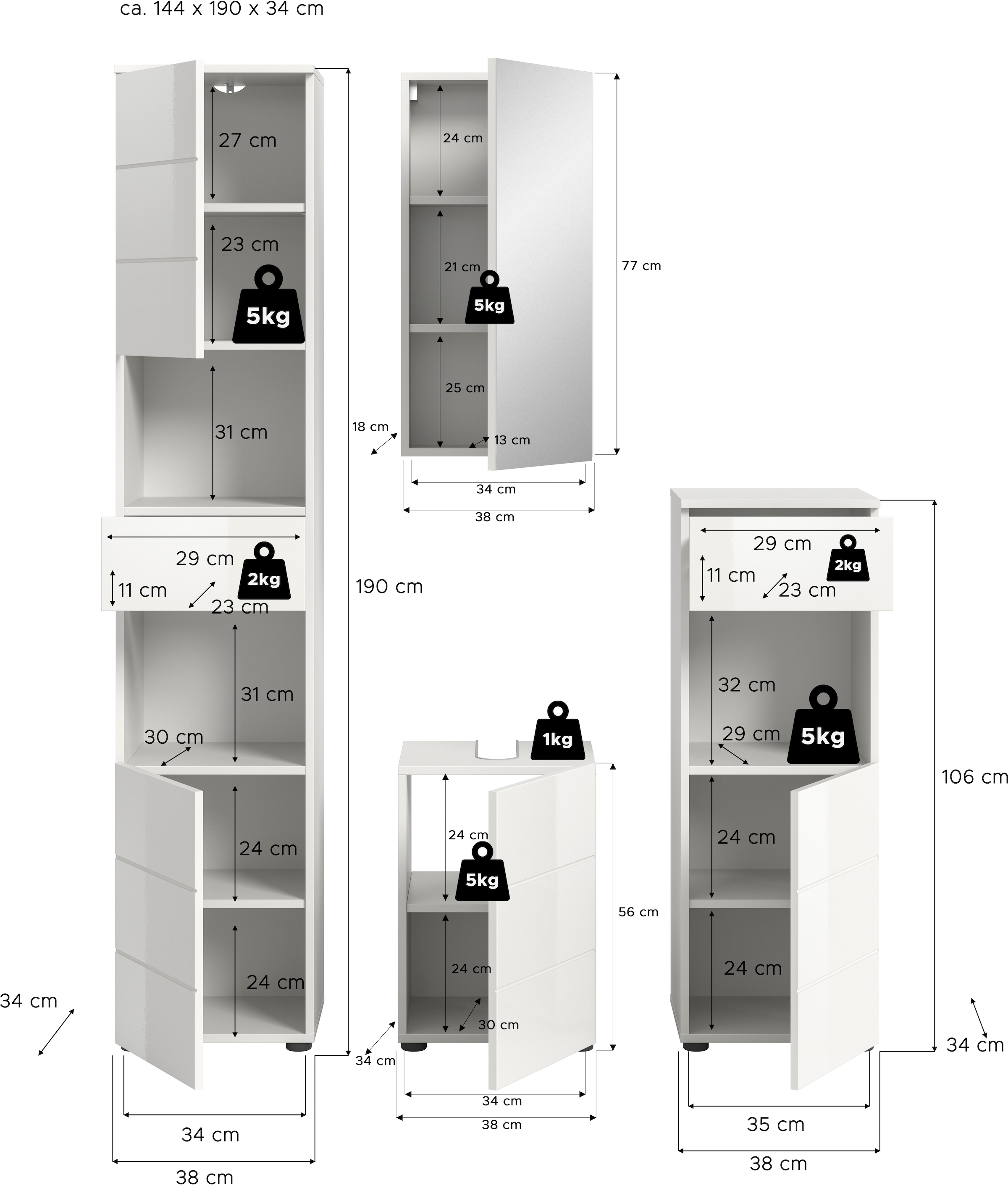 welltime Badmöbel-Set »Biel, Höhe 190 cm, Hochschrank, Unterschrank, Spiegel, Standschrank«, (4 St.), Bad Set, modernes Design, Hochschrank, Unterschrank, Spiegel