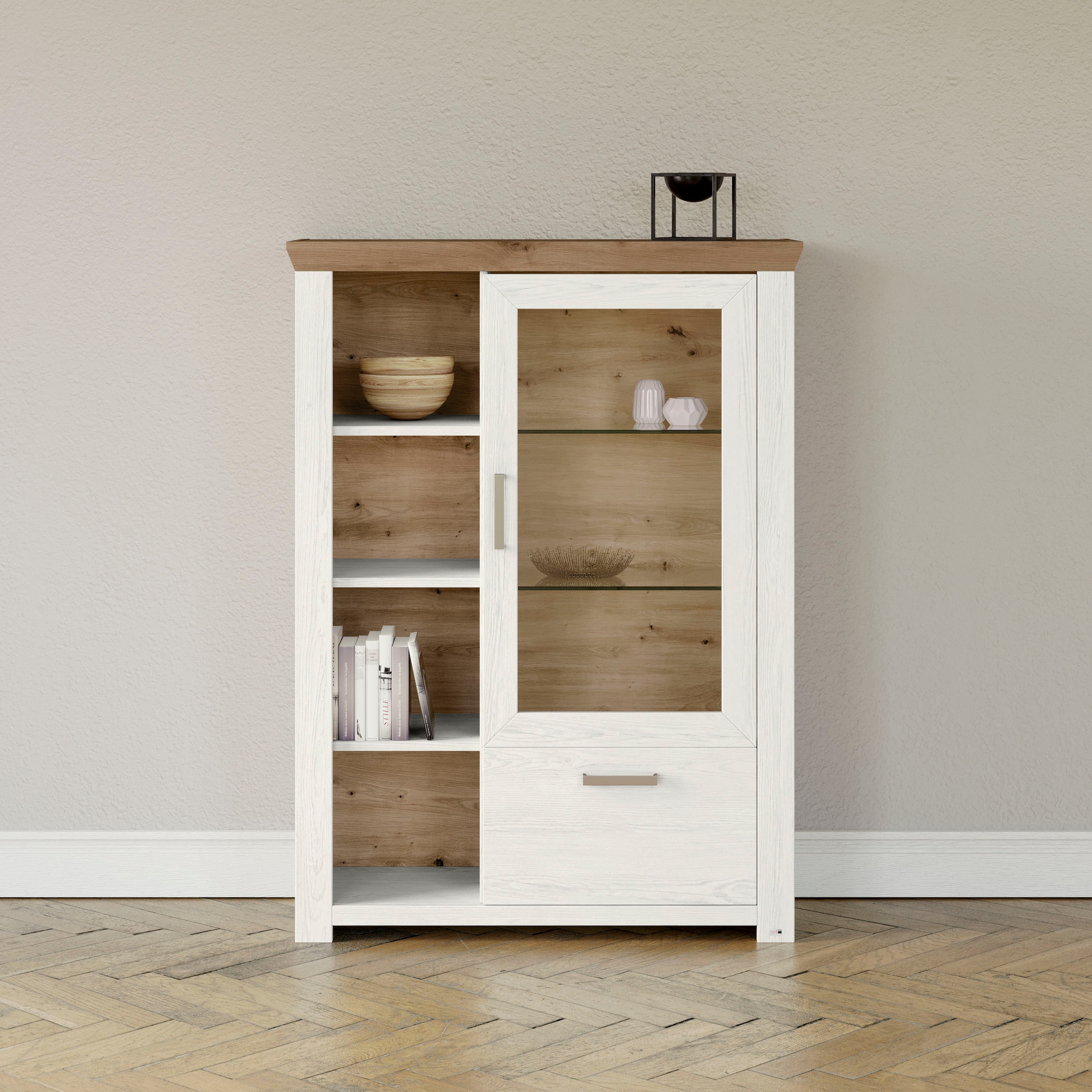 set one by Musterring Highboard »York«, Typ 13 und 14, mit Glastür und Schubkasten, 3 Farbvarianten, B 105 cm