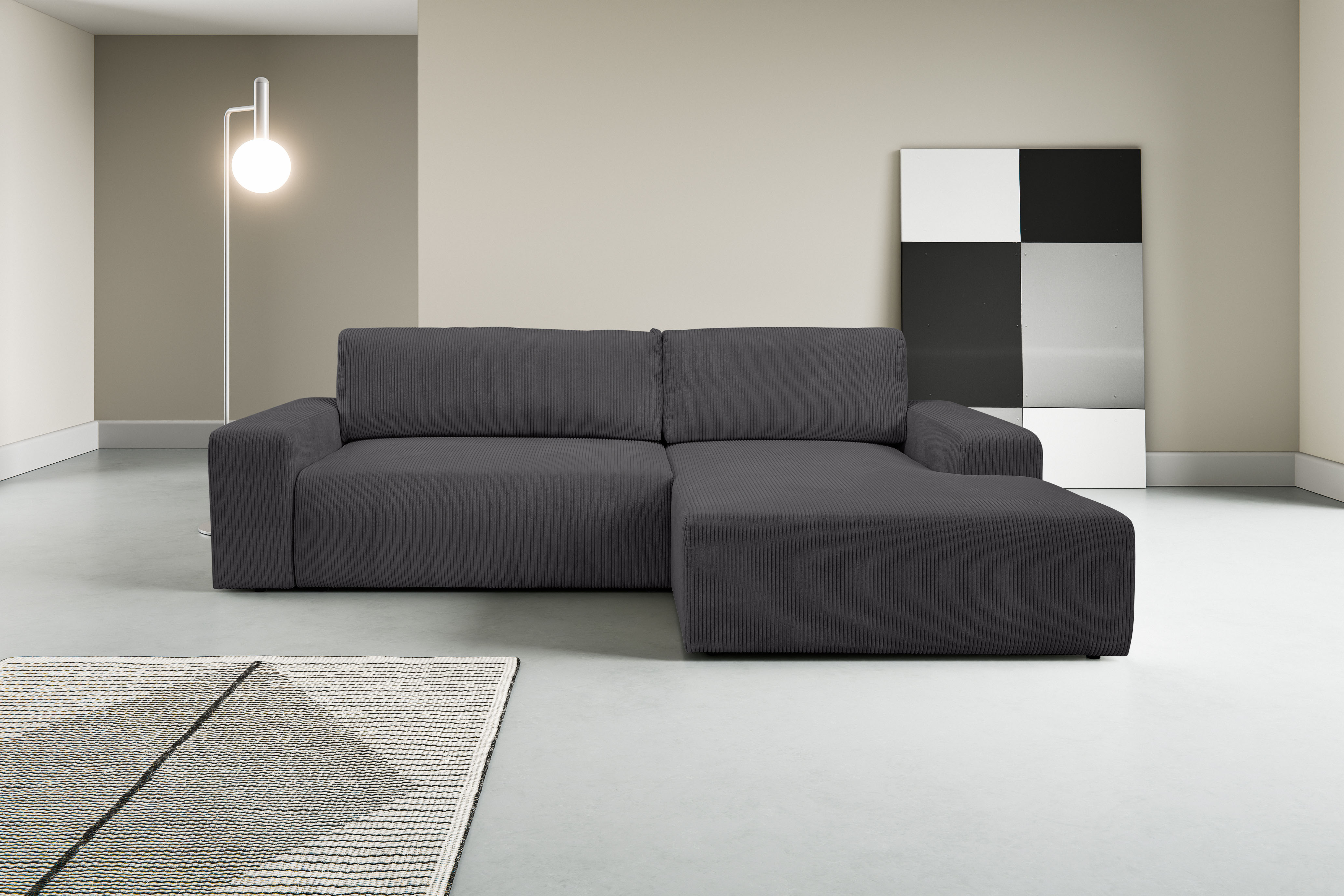 WERK2 Ecksofa "Rotterdam-L 267 x 165 cm modern und bequem" Cord, L-Form, Schlaffunktion, Bettkasten