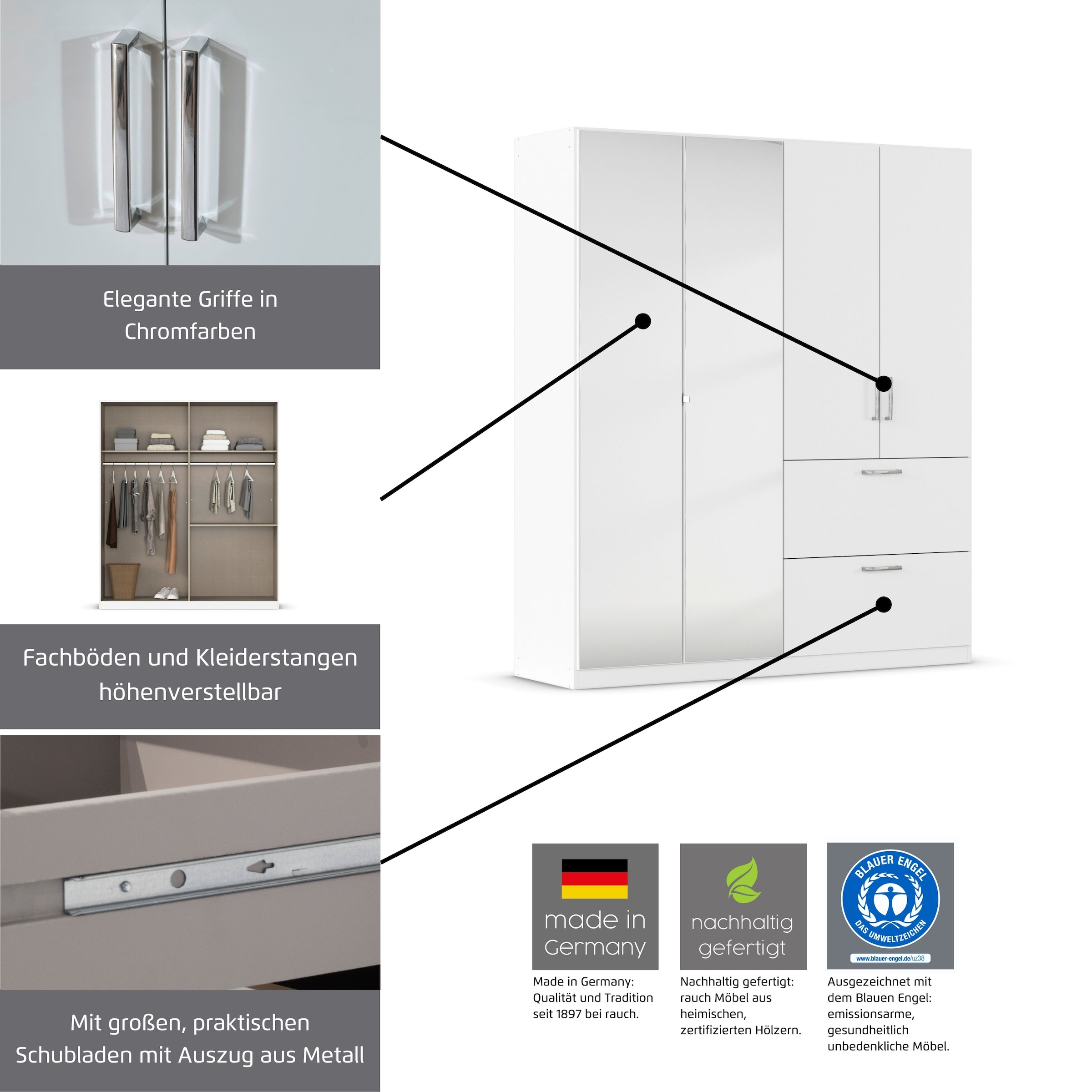 rauch Drehtürenschrank »Kleiderschrank Schrank Garderobe Schlafzimmerschrank PADUA«, voll aufgelegte Spiegeltüren, zwei große Schubladen MADE IN GERMANY