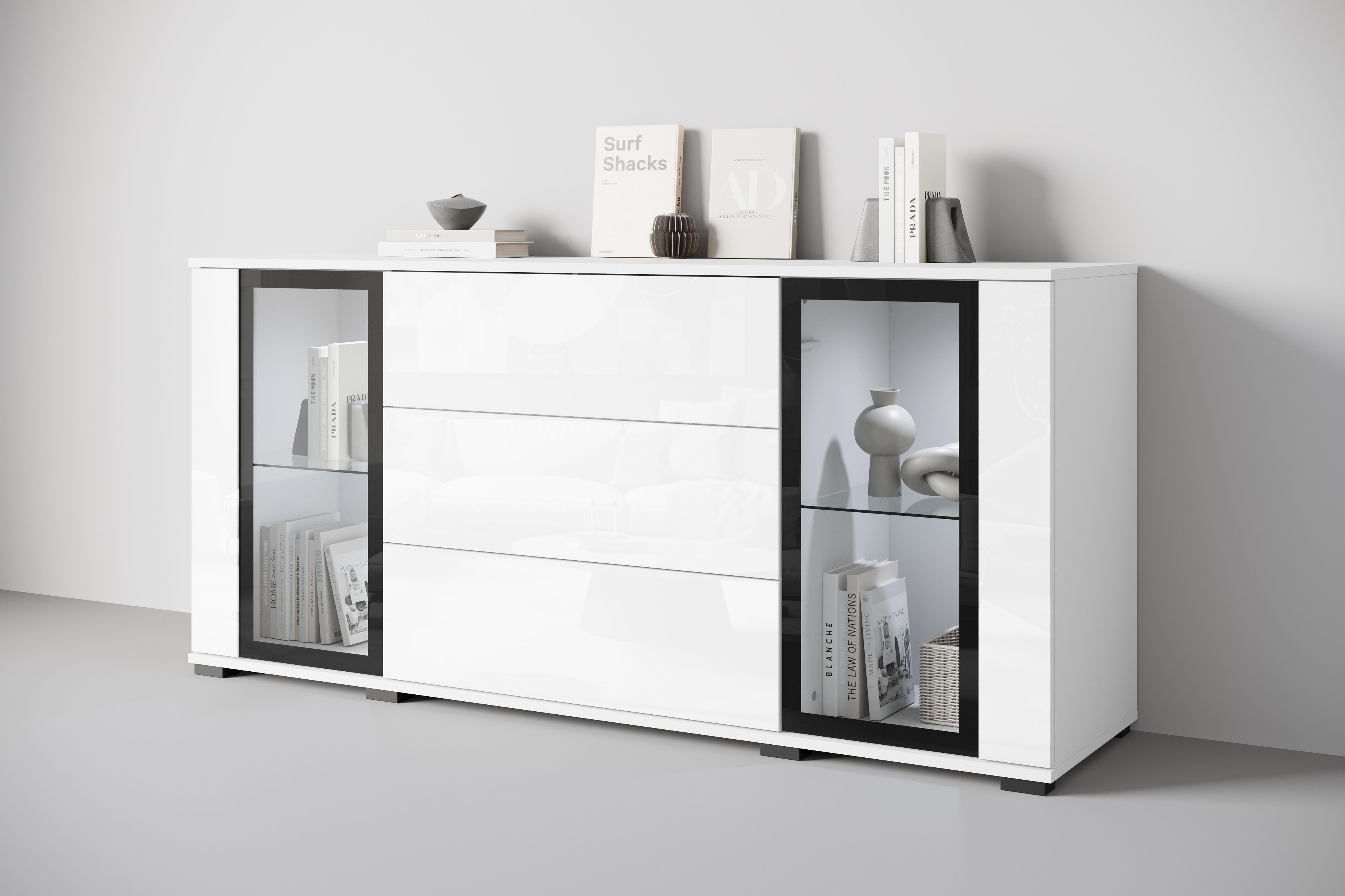 Home affaire "modernes Design mit Glaseinsätzen und 3 Schubladen, Breite 150 cm" 1 Stk. tlg. Grifflose Fronten mit Push-to-Open, höhenverstellbare Einlegeböden