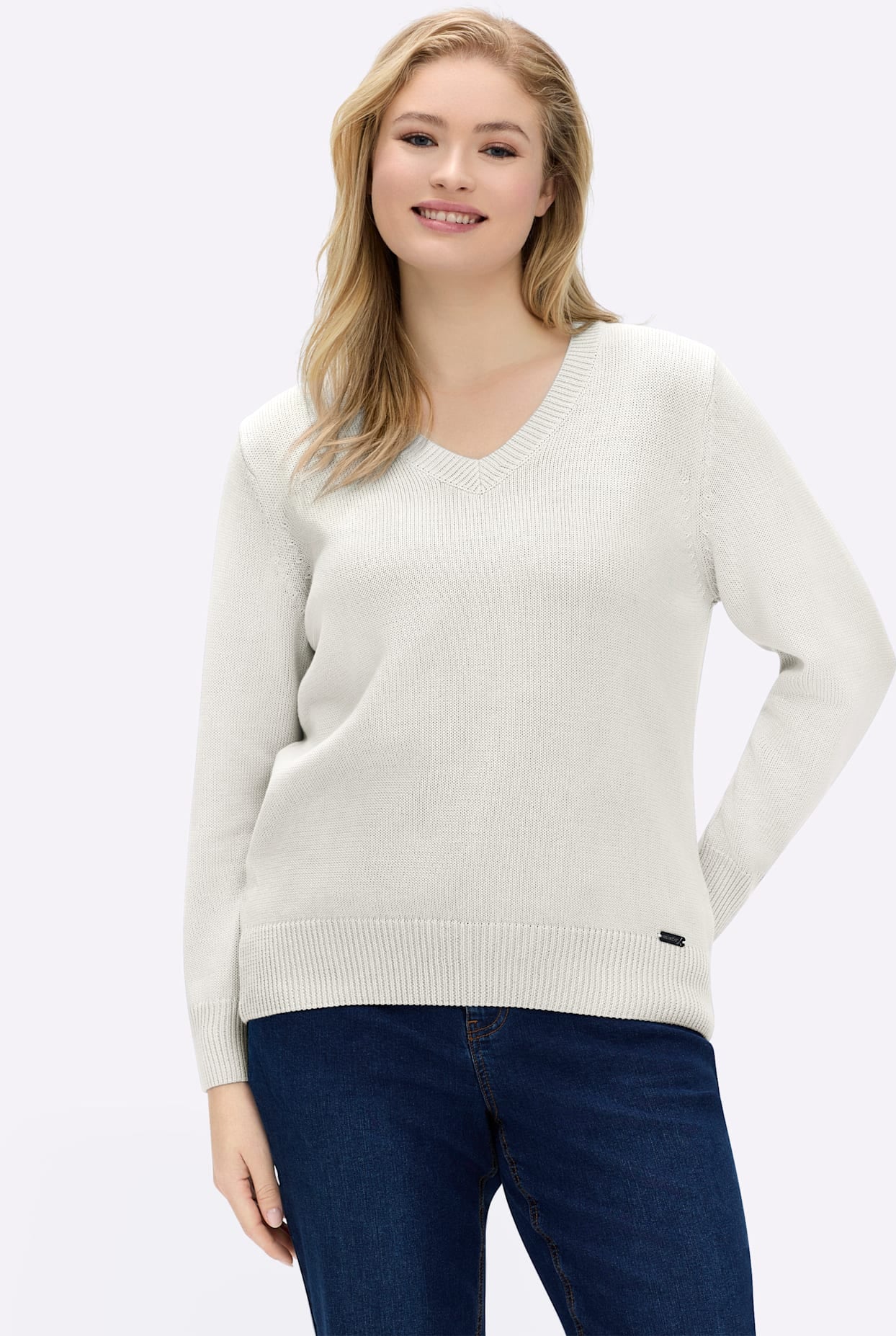 V-Ausschnitt-Pullover CASUAL LOOKS "Pullover", Damen, Gr. 42, weiß (wollweiß), 50% Baumwolle, 50% Polyacryl, meliert, unifarben, figurumspielend, Pullover
