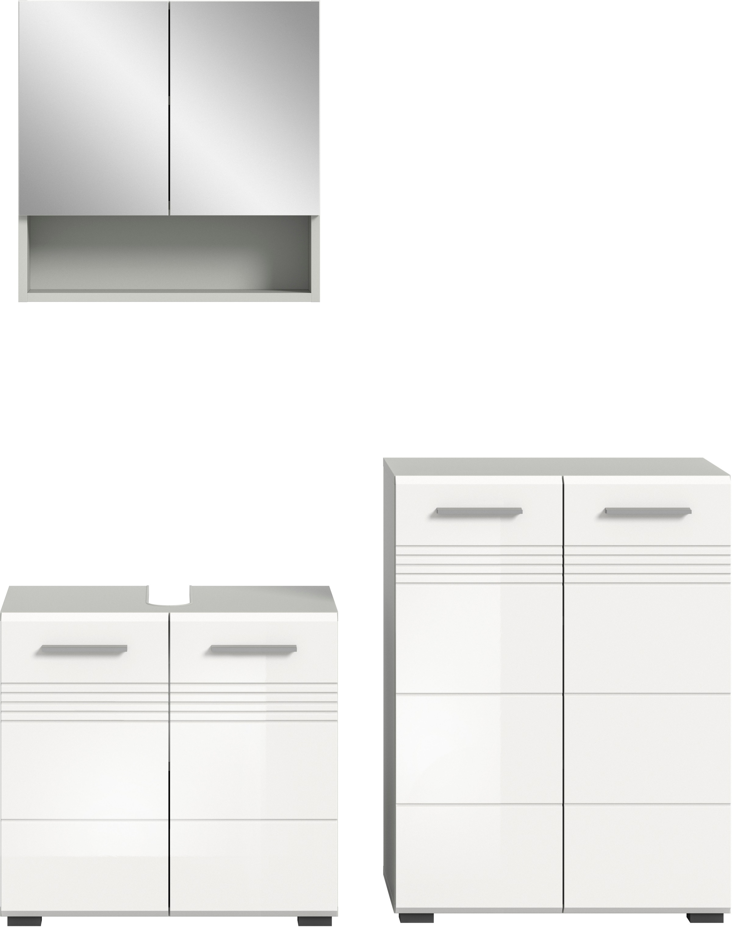 welltime Badmöbel-Set »Calicio,bestehend aus: Waschbeckenunterschrank,Spiegel-und Midischrank«, (3 St.), Midischrank, hochwertige MDF Front mit Rillenfräsung