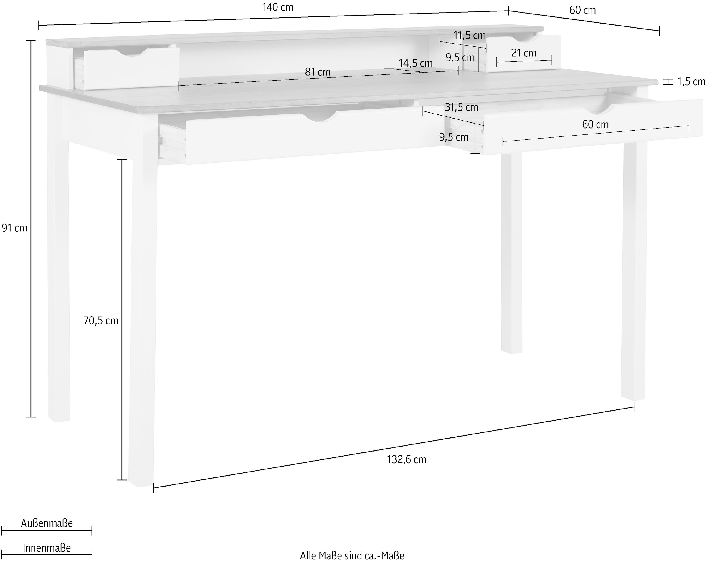 INOSIGN Schreibtisch »Gava«, aus massiven Kiefernholz, mit praktischen Griffmulden, Breite 140 cm