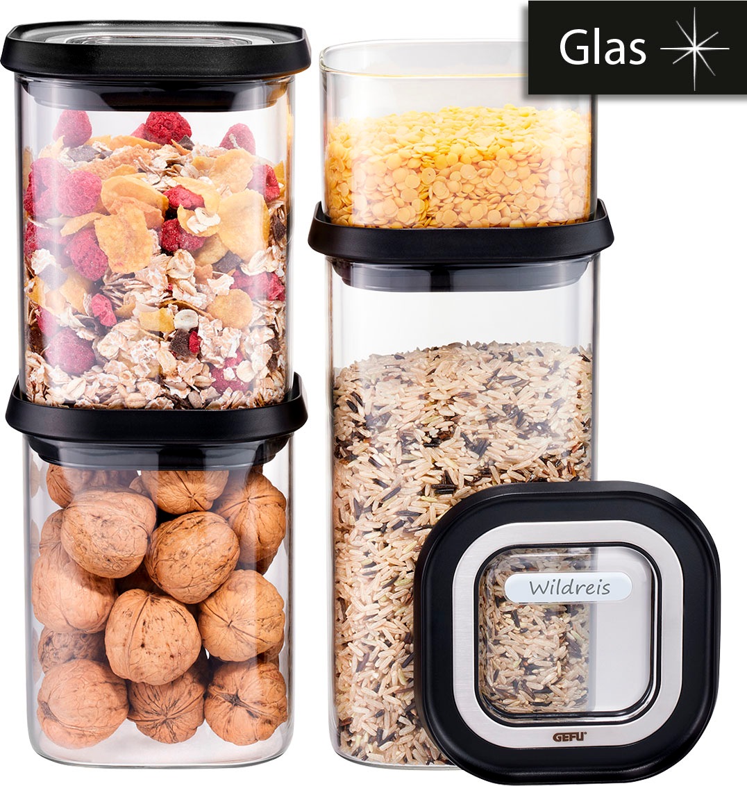 Thumbnail - GEFU Vorratsglas "PANTRY" Set, 4 Vorratsgläser, 4 Deckel, 8 tlg. Stapelbar, luftdicht, transparent, platzsparend