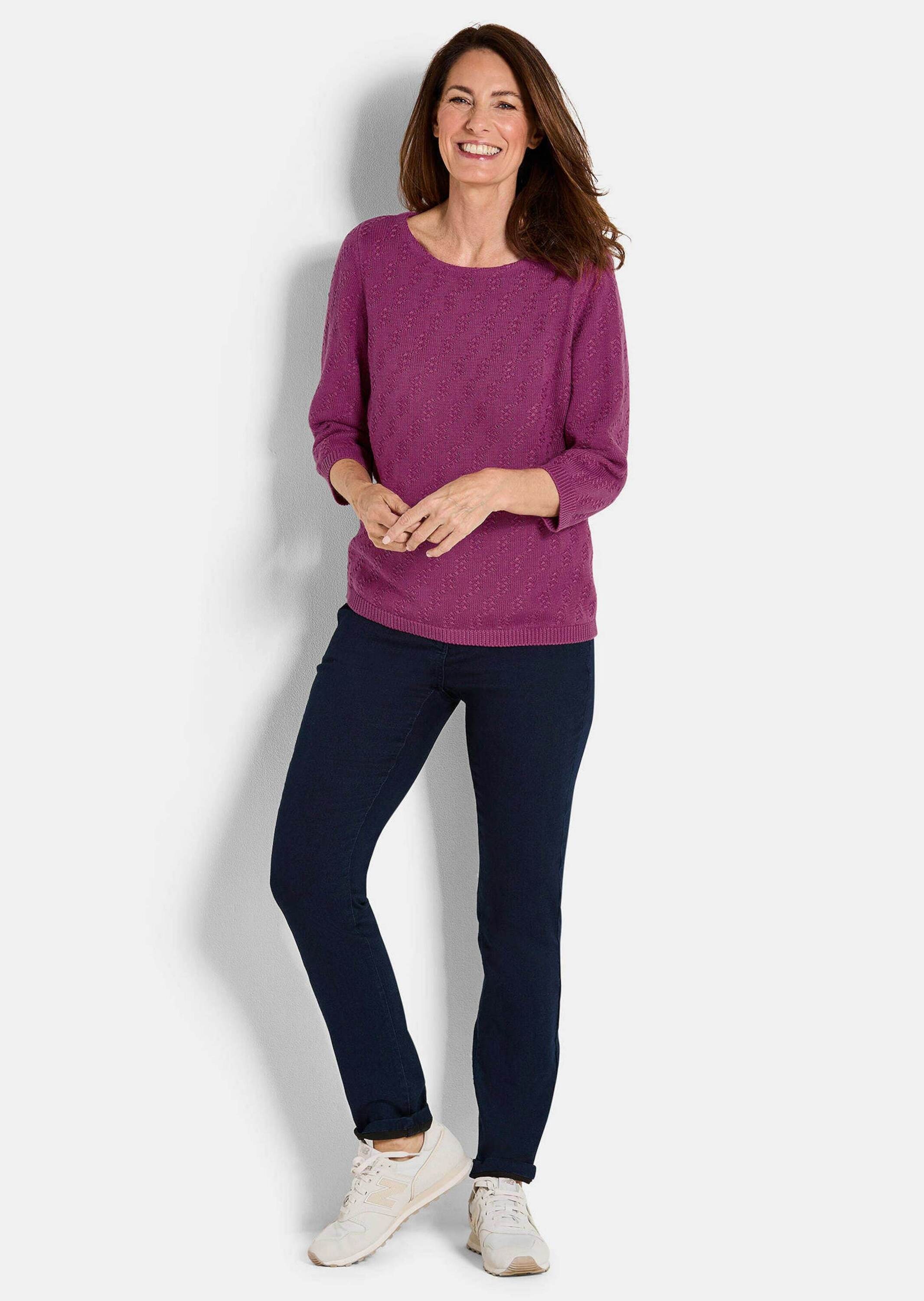 GOLDNER Rundhalspullover "Kurzgröße Halbarm Baumwollpullover mit Struktur" günstig online kaufen