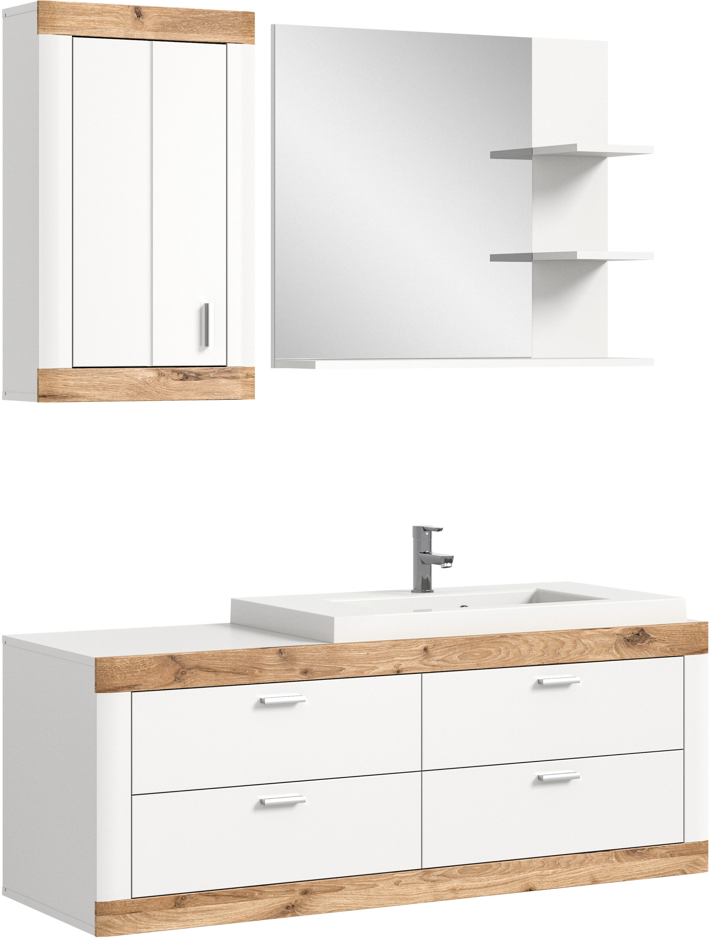 Home affaire Badmöbel-Set »Landsby, 3 teilig, inklusive Mineralguss-Waschbecken, bestehend aus:«, (Set, 3 St.), Waschtisch inkl. Waschbecken, Hängeschrank, Badspiegel