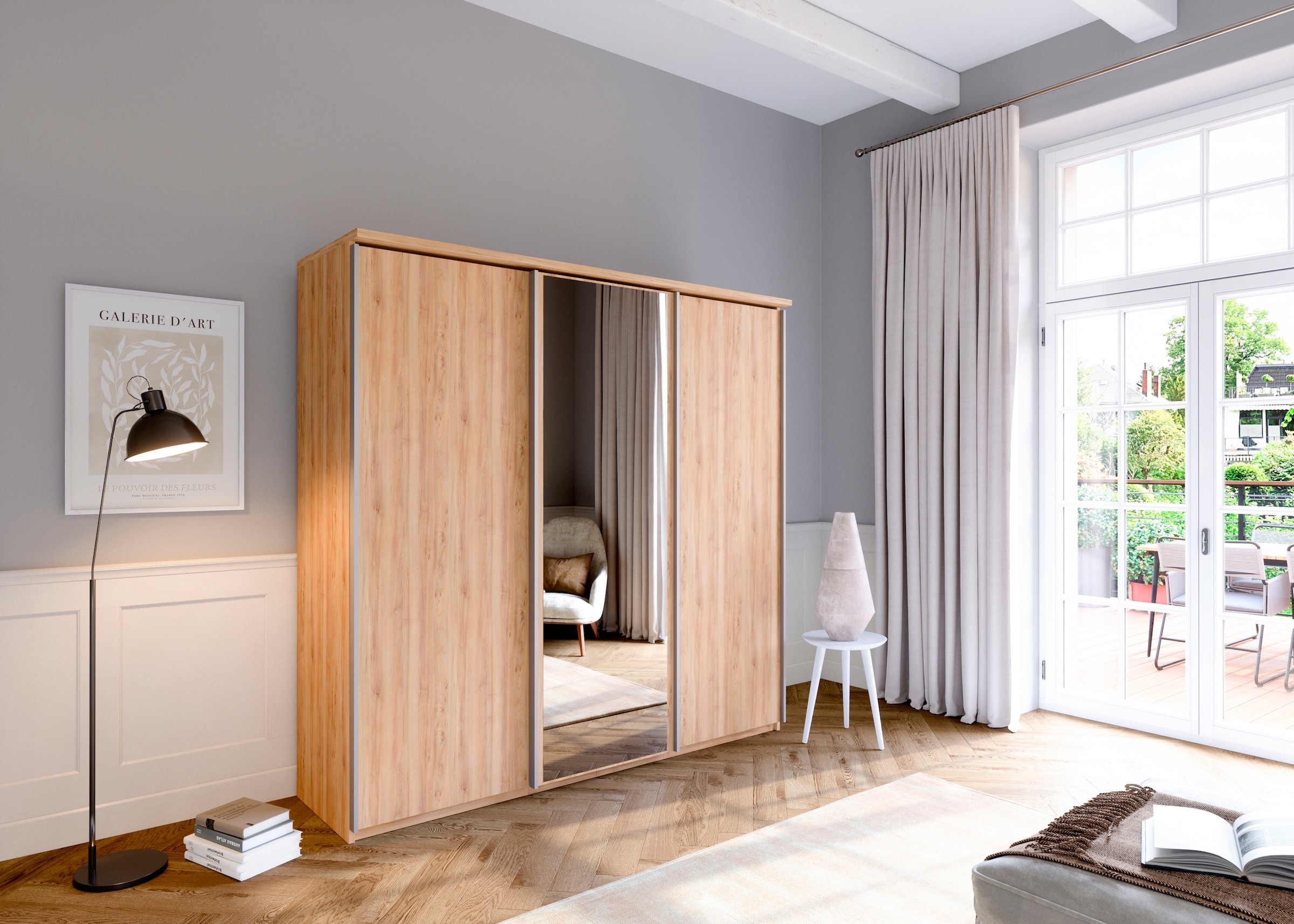 Schwebetürenschrank PRIESS, B:215cm H:211cm T:64,5cm, braun, Schränke, "Arnsberg", mit Spiegel