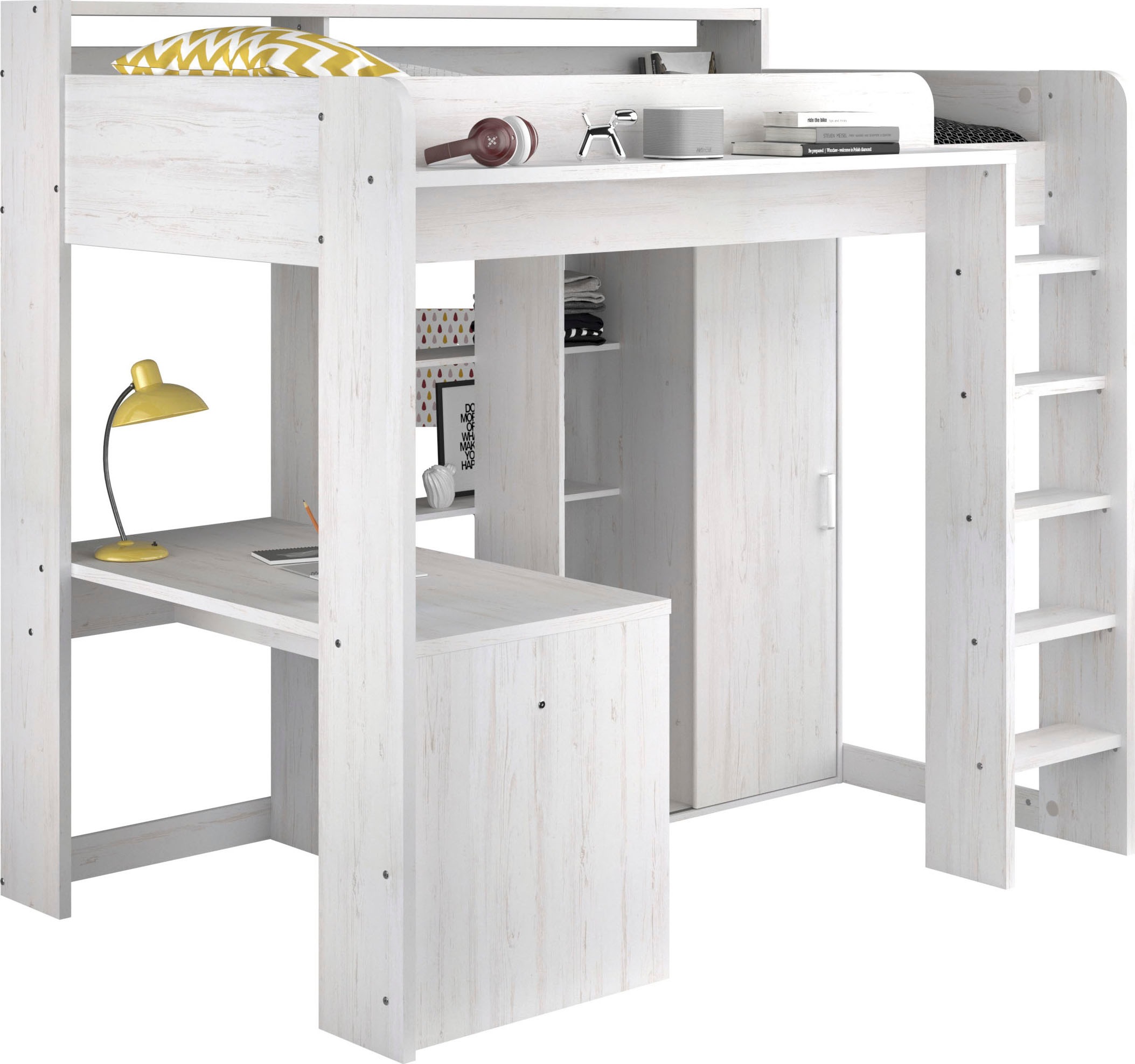 Parisot Hochbett "Higher, mit Schreibtisch, Schiebetürenschrank, Regale obe günstig online kaufen