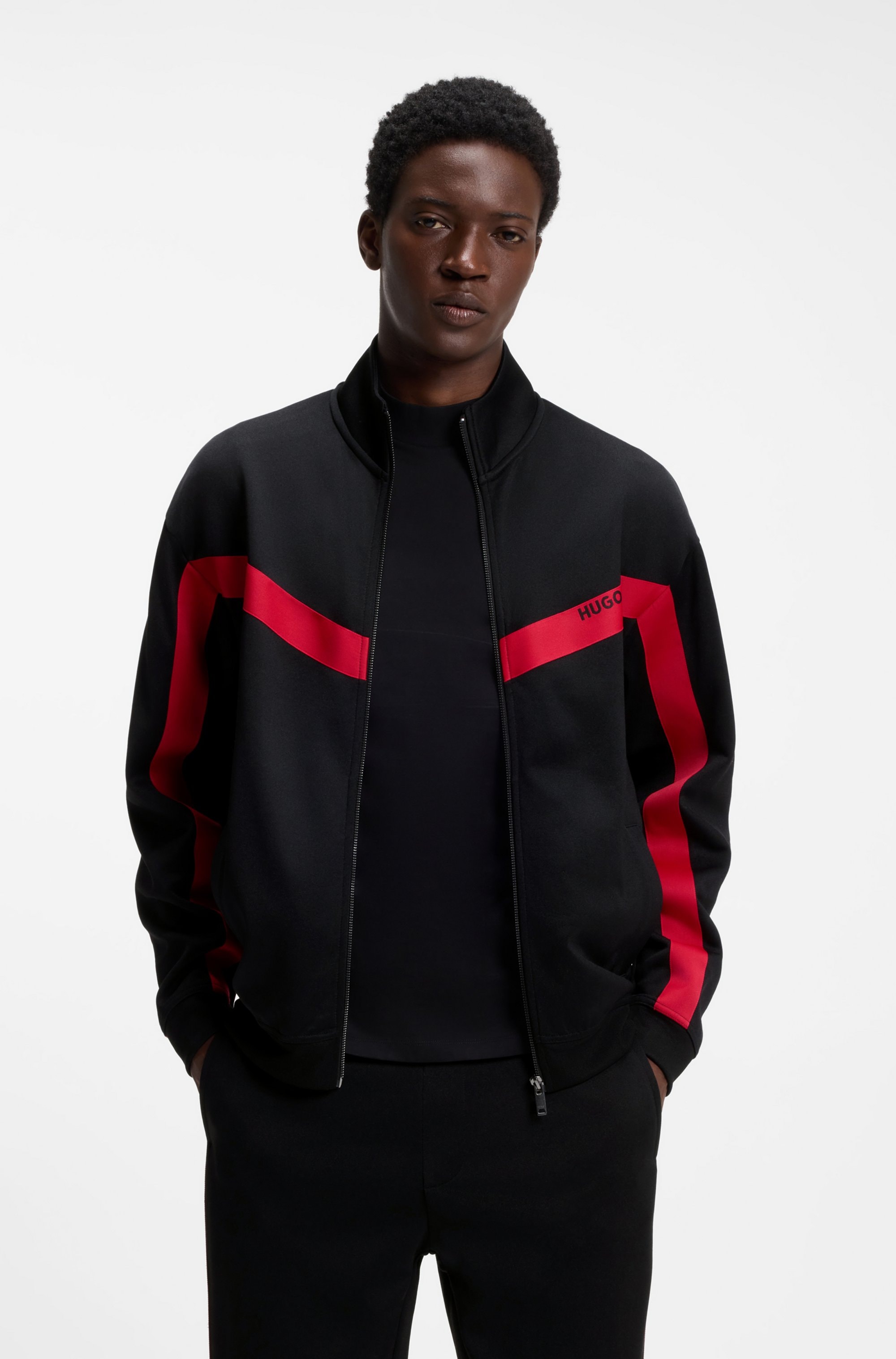 HUGO Sweatjacke "Darti" Stehkragen, Relaxed Fit, Logo-Tape