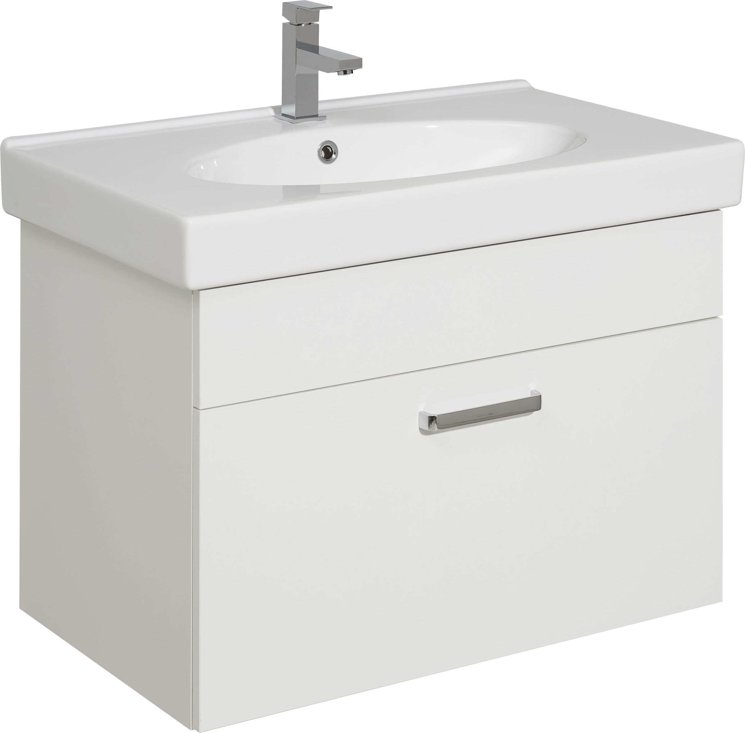 Saphir "Quickset Keramikwaschtisch mit Unterschrank, 80 cm breit, Badmöbel" Waschplatz mit 1 Schublade, inkl. Türdämpfer, Griffe Chrom Glanz